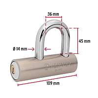 Candado de acero, 109mm, gancho corto, llave de puntos - CA-109Q / 43365 Candado de acero, 109mm, gancho corto, llave de puntos - CA-109Q / 43365