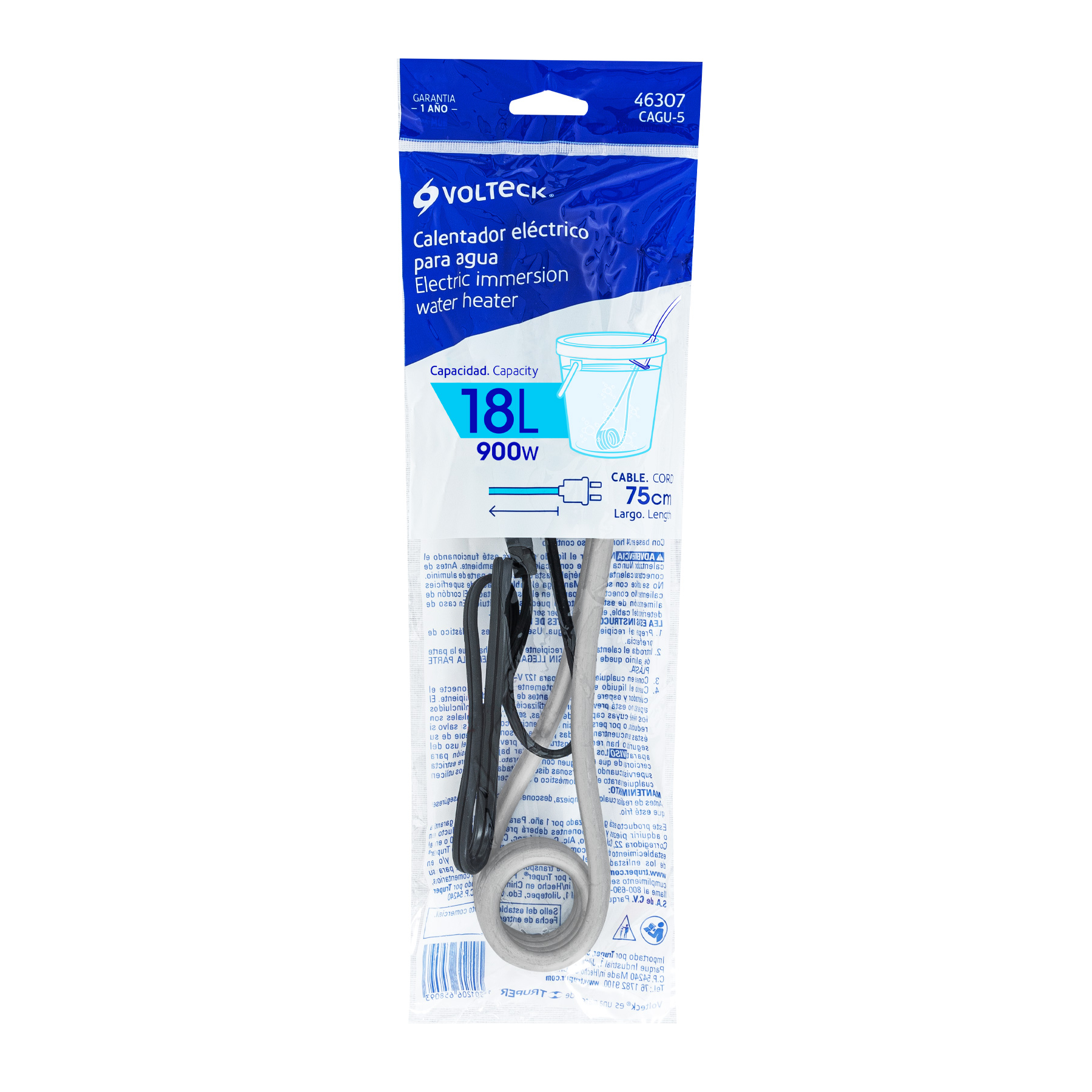 Calentador de inmersión para agua #5, 900W, 18 L Volteck - CAGU-5 / 46307 Calentador de inmersión para agua #5, 900W, 18 L Volteck - CAGU-5 / 46307