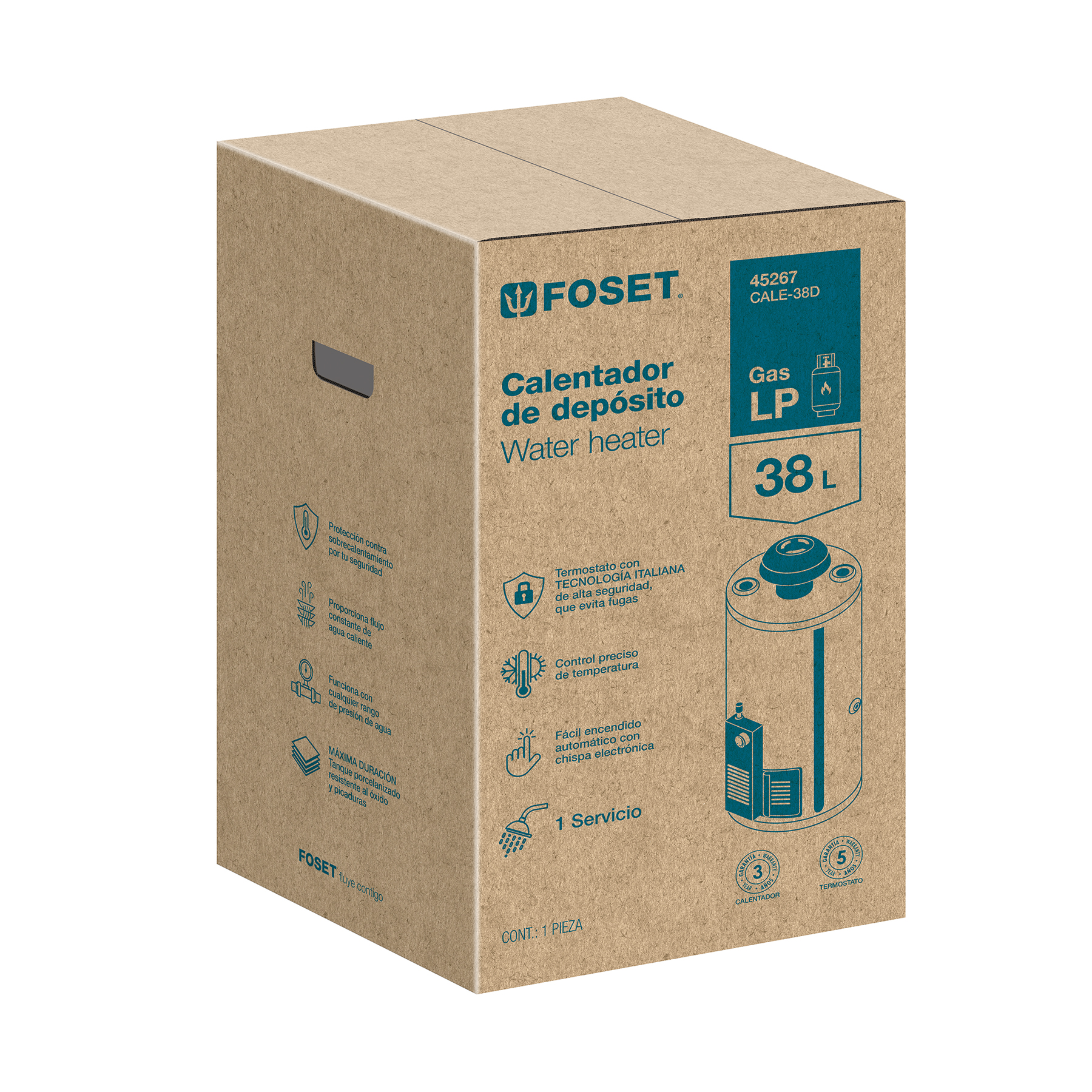 CALE-38D Calentador de agua, de depósito, gas LP, 38 litros Foset CALE-38D Calentador de agua, de depósito, gas LP, 38 litros Foset
