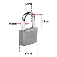 Candado de hierro, 63mm, gancho largo, caja - CH-63L / 43802 Candado de hierro, 63mm, gancho largo, caja - CH-63L / 43802