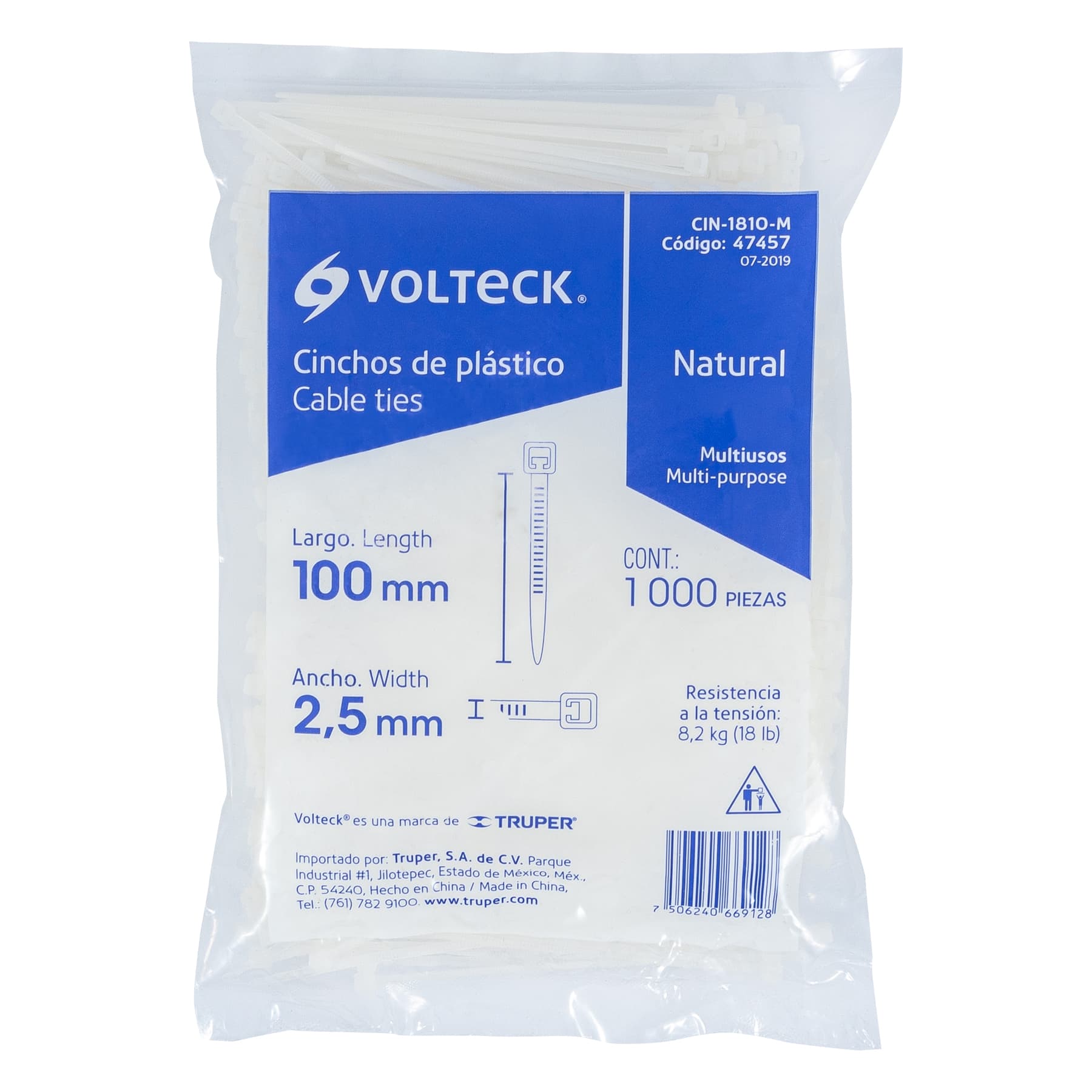 Bolsa con 1000 cinchos plásticos 18lb, 100x2.5 mm, naturales - CIN-1810-M / 47457 Bolsa con 1000 cinchos plásticos 18lb, 100x2.5 mm, naturales - CIN-1810-M / 47457