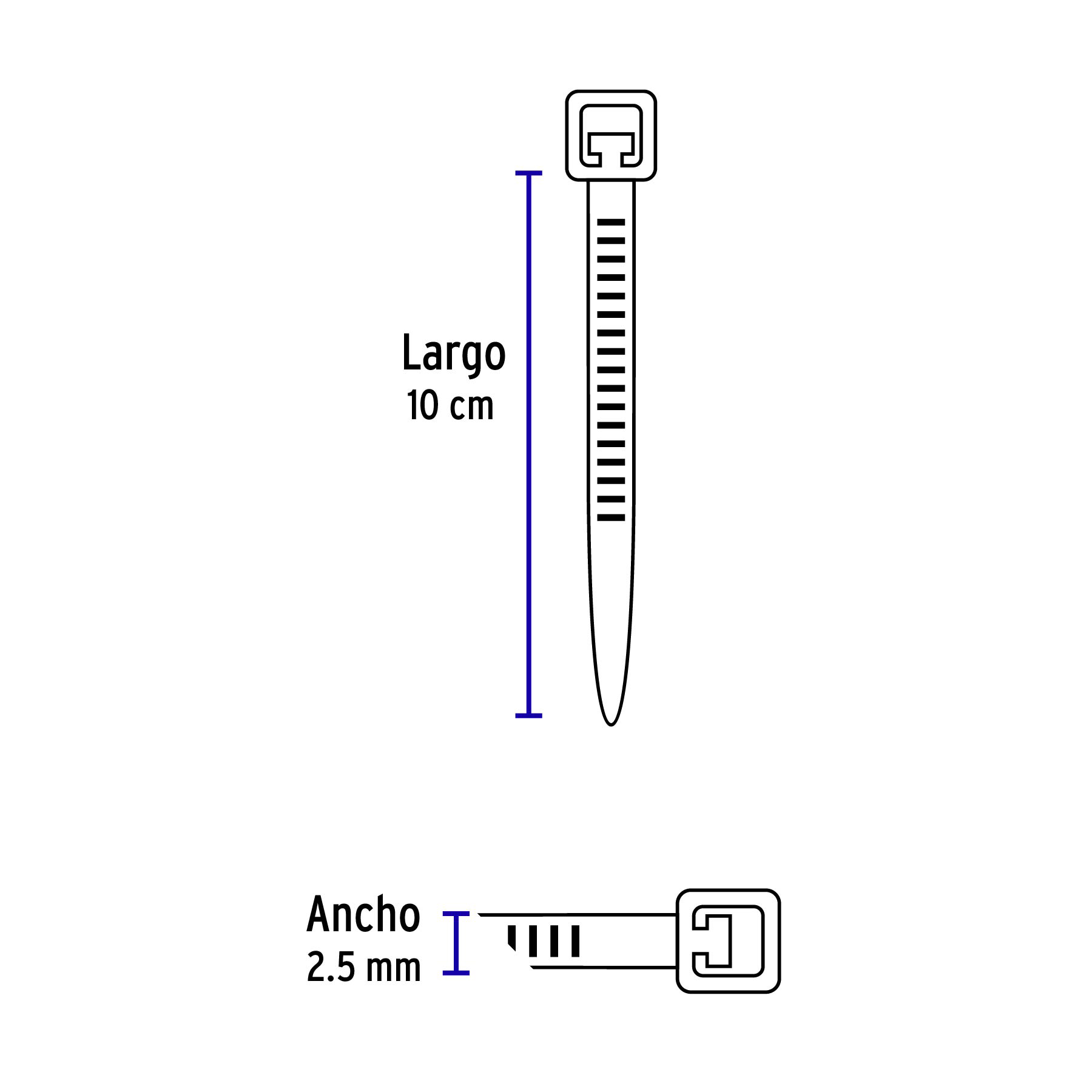 Bolsa con 100 cinchos plásticos 18 lb, 100 x 2.5 mm, azules - CIN-1810Z / 41011 Bolsa con 100 cinchos plásticos 18 lb, 100 x 2.5 mm, azules - CIN-1810Z / 41011