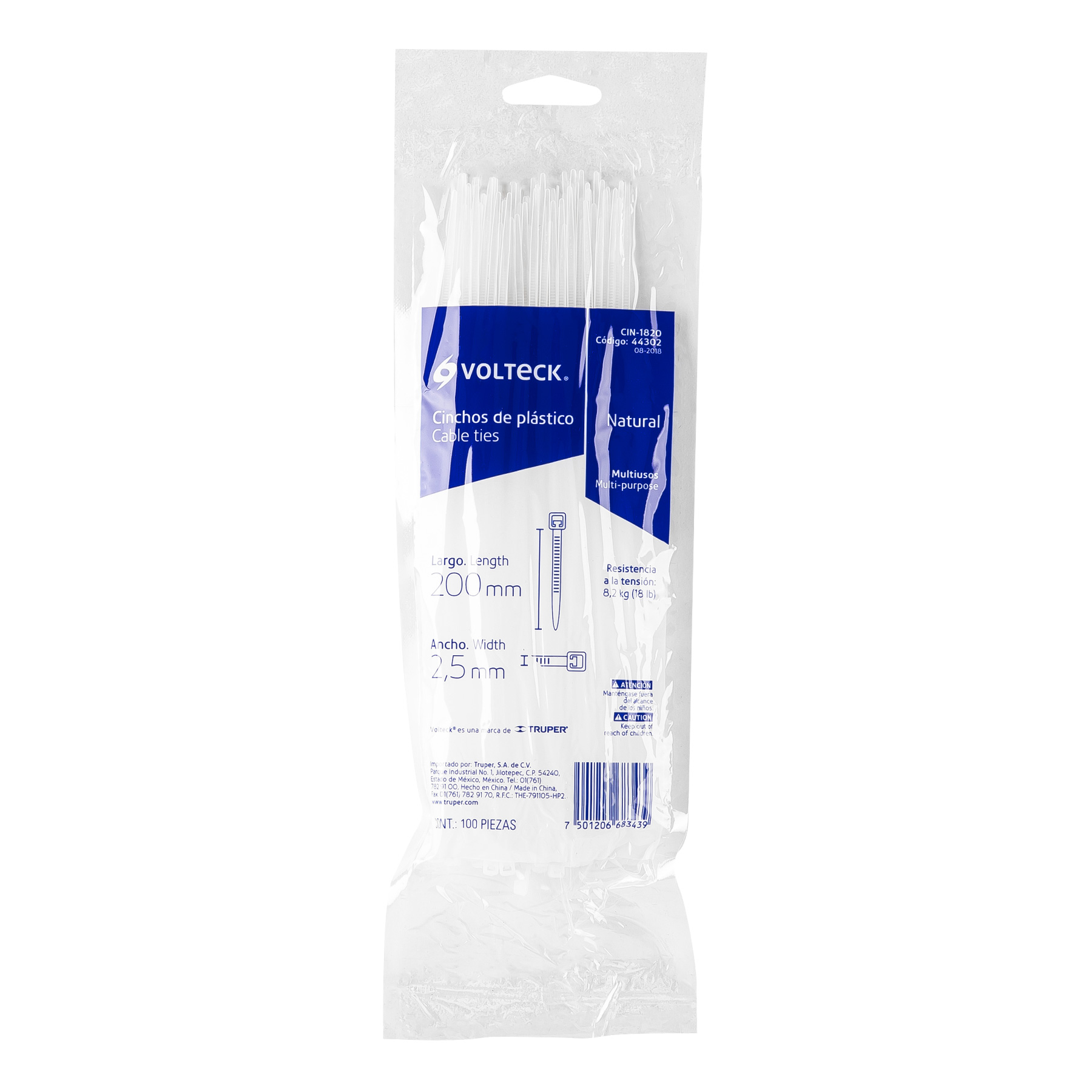 Bolsa con 100 cinchos plásticos 18 lb, 200x2.5 mm, naturales - CIN-1820 / 44302 Bolsa con 100 cinchos plásticos 18 lb, 200x2.5 mm, naturales - CIN-1820 / 44302
