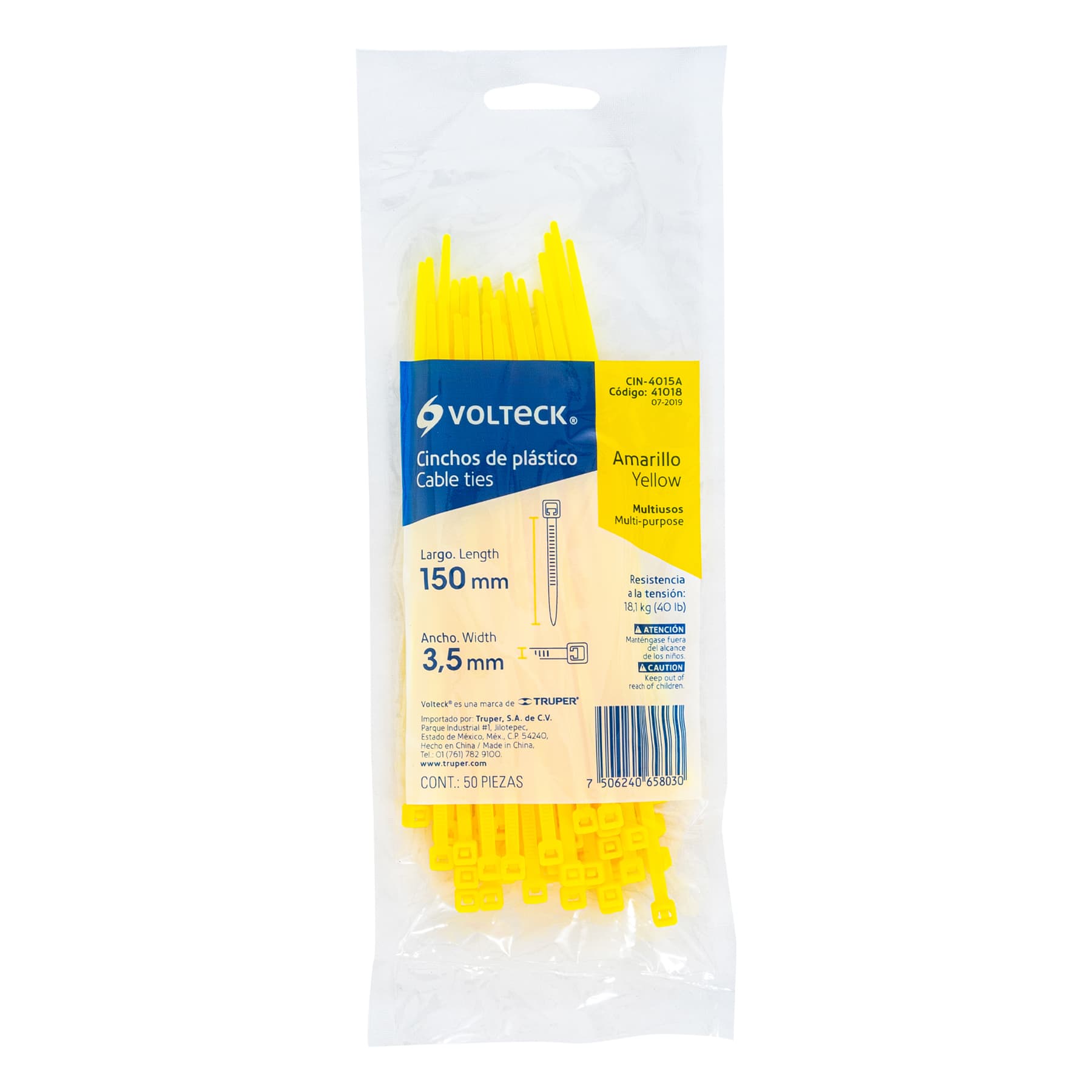 Bolsa con 50 cinchos plásticos 40 lb, 150x3.5 mm, amarillos - CIN-4015A / 41018 Bolsa con 50 cinchos plásticos 40 lb, 150x3.5 mm, amarillos - CIN-4015A / 41018