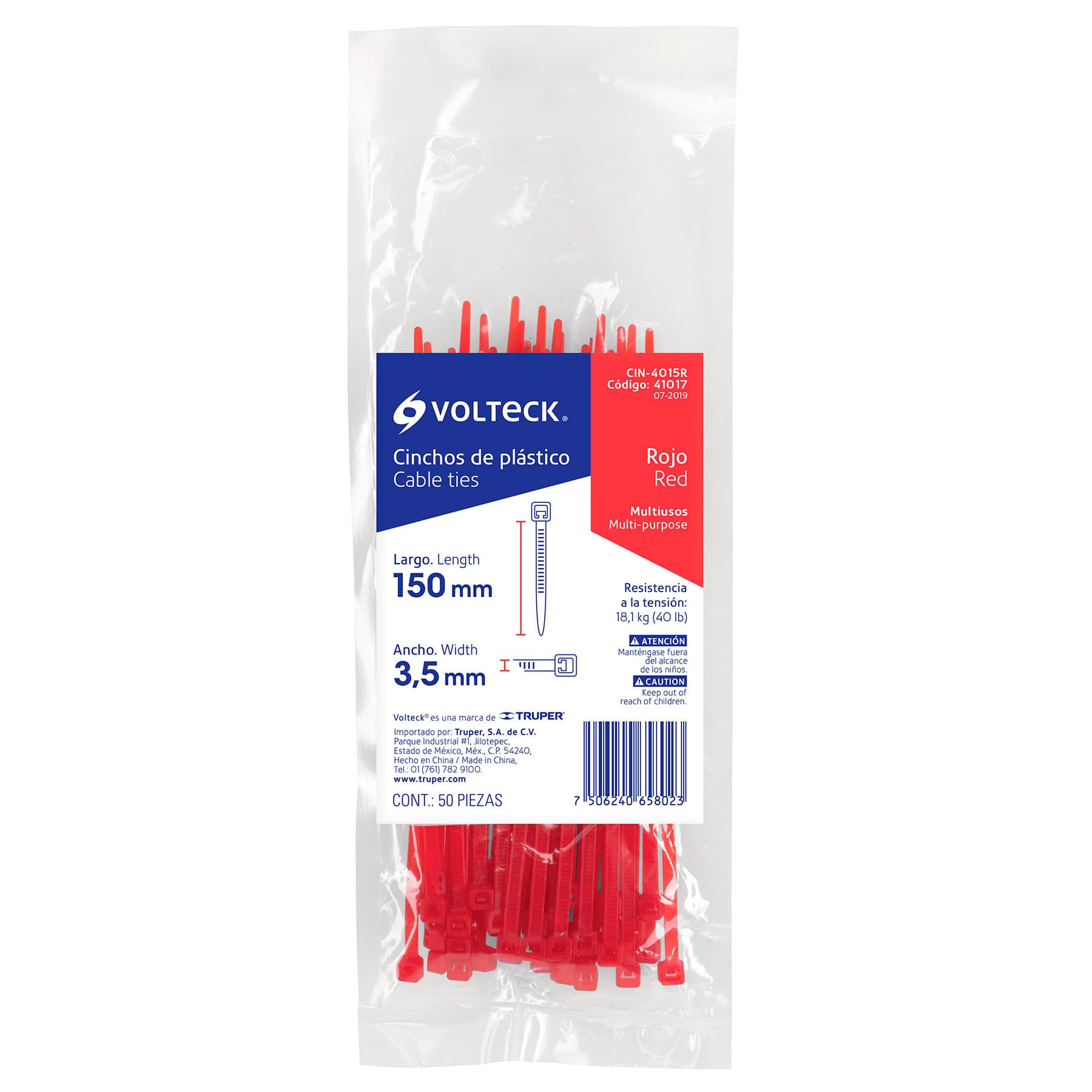 Bolsa con 50 cinchos plásticos 40 lb, 150 x 3.5 mm, rojos - CIN-4015R / 41017 Bolsa con 50 cinchos plásticos 40 lb, 150 x 3.5 mm, rojos - CIN-4015R / 41017