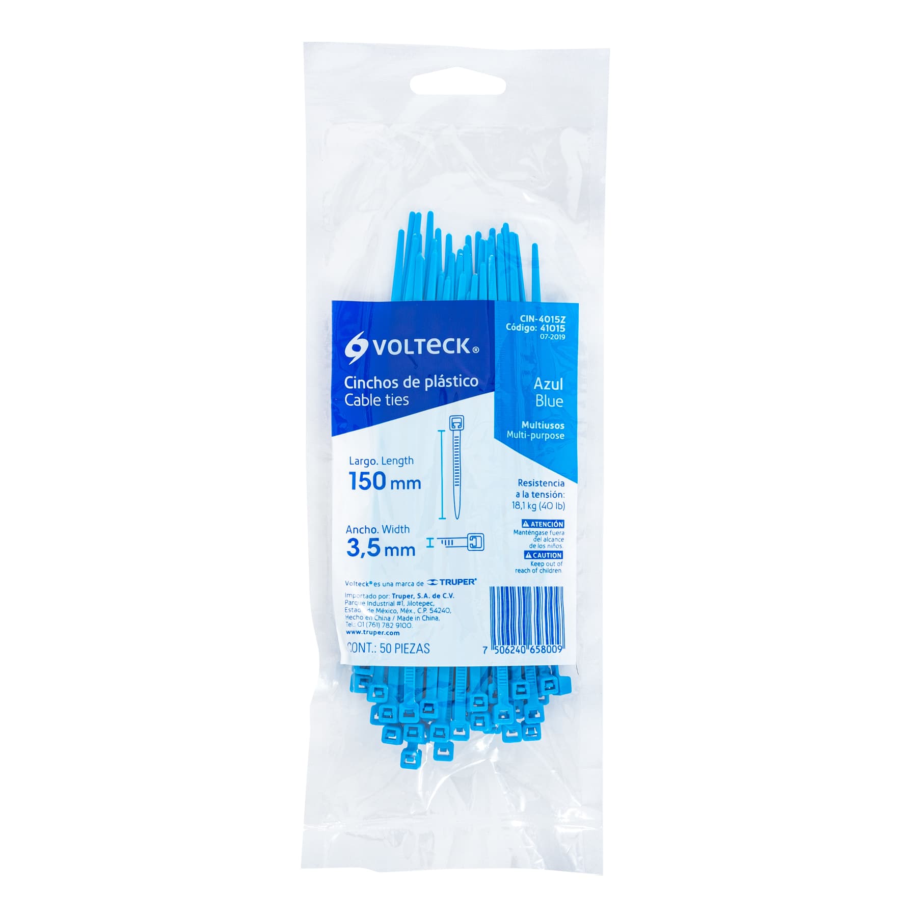Bolsa con 50 cinchos plásticos 40 lb, 150 x 3.5 mm, azules - CIN-4015Z / 41015 Bolsa con 50 cinchos plásticos 40 lb, 150 x 3.5 mm, azules - CIN-4015Z / 41015