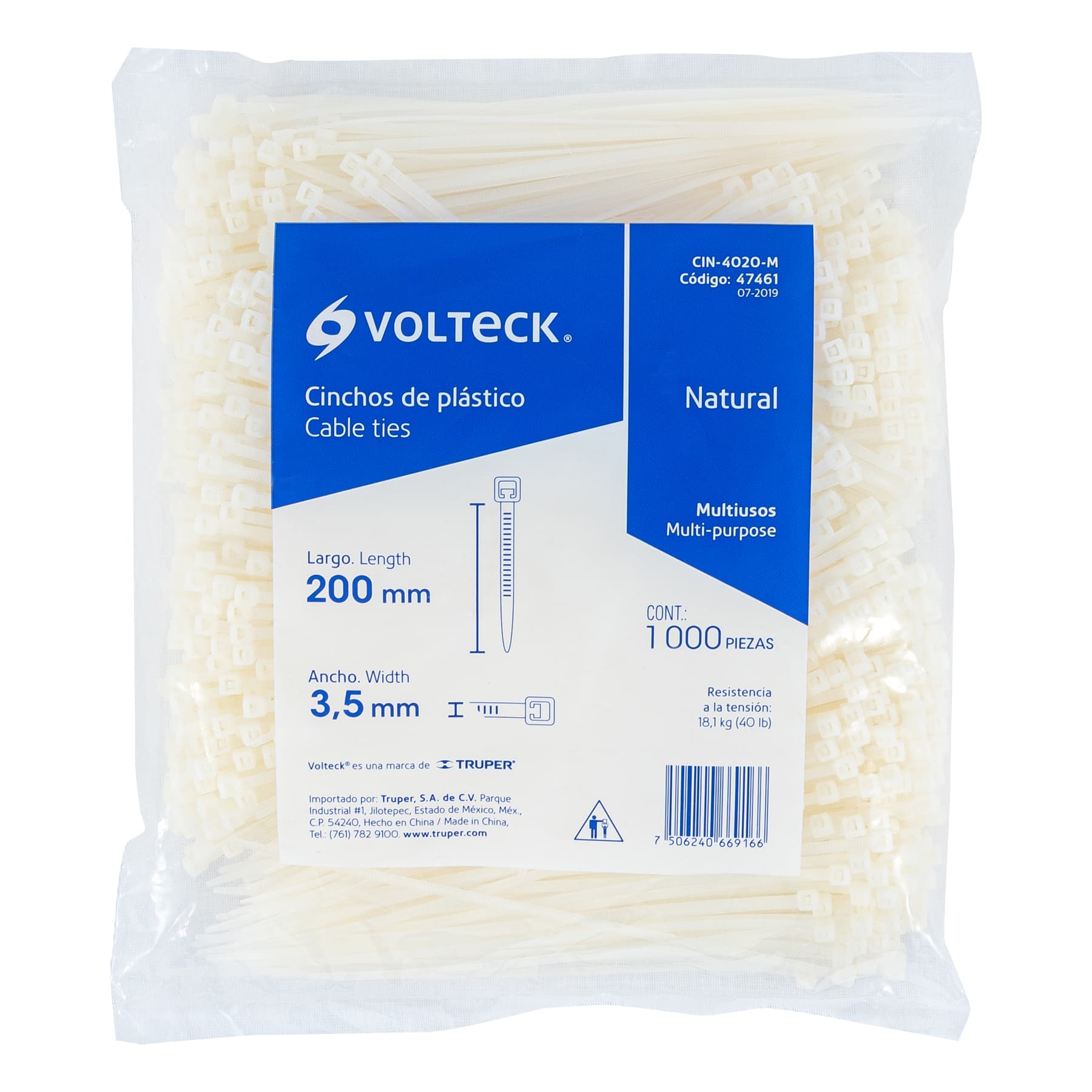Bolsa con 1000 cinchos plásticos 40lb, 200x3.5 mm, naturales - CIN-4020-M / 47461 Bolsa con 1000 cinchos plásticos 40lb, 200x3.5 mm, naturales - CIN-4020-M / 47461