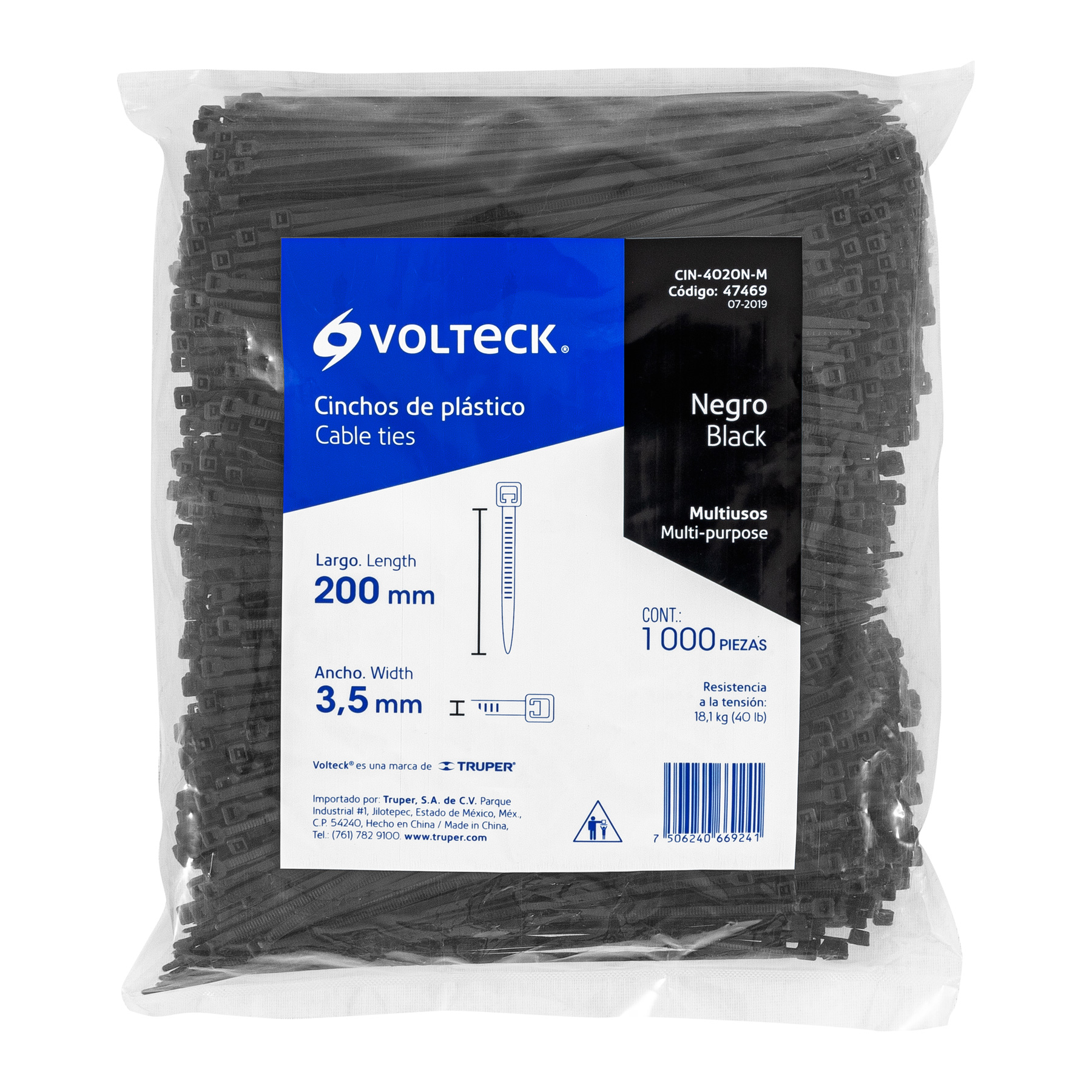 Bolsa con 1000 cinchos plásticos 40 lb, 200x3.5 mm, negros - CIN-4020N-M / 47469 Bolsa con 1000 cinchos plásticos 40 lb, 200x3.5 mm, negros - CIN-4020N-M / 47469
