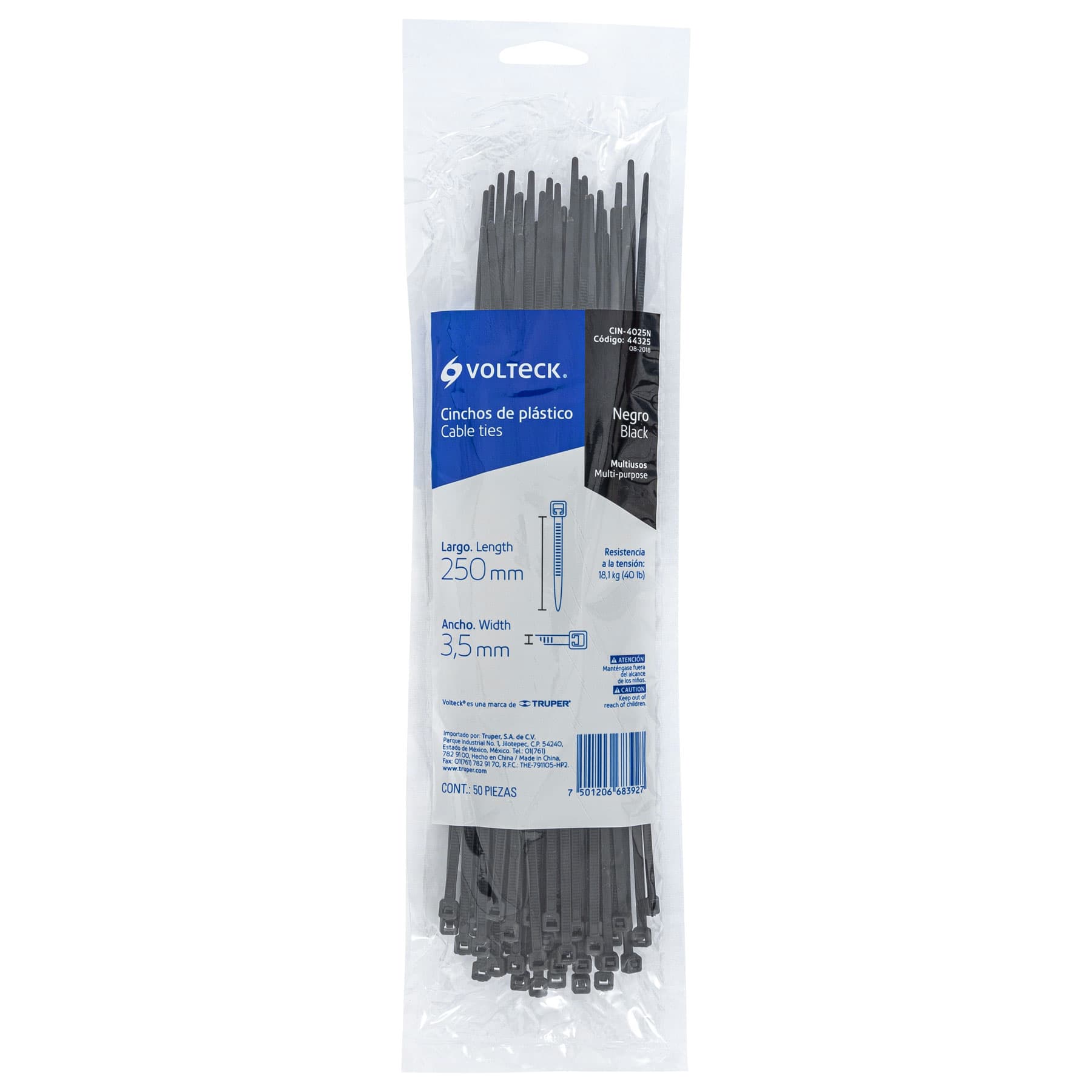 Bolsa con 50 cinchos plásticos 40 lb, 250x3.5 mm, negros - CIN-4025N / 44325 Bolsa con 50 cinchos plásticos 40 lb, 250x3.5 mm, negros - CIN-4025N / 44325