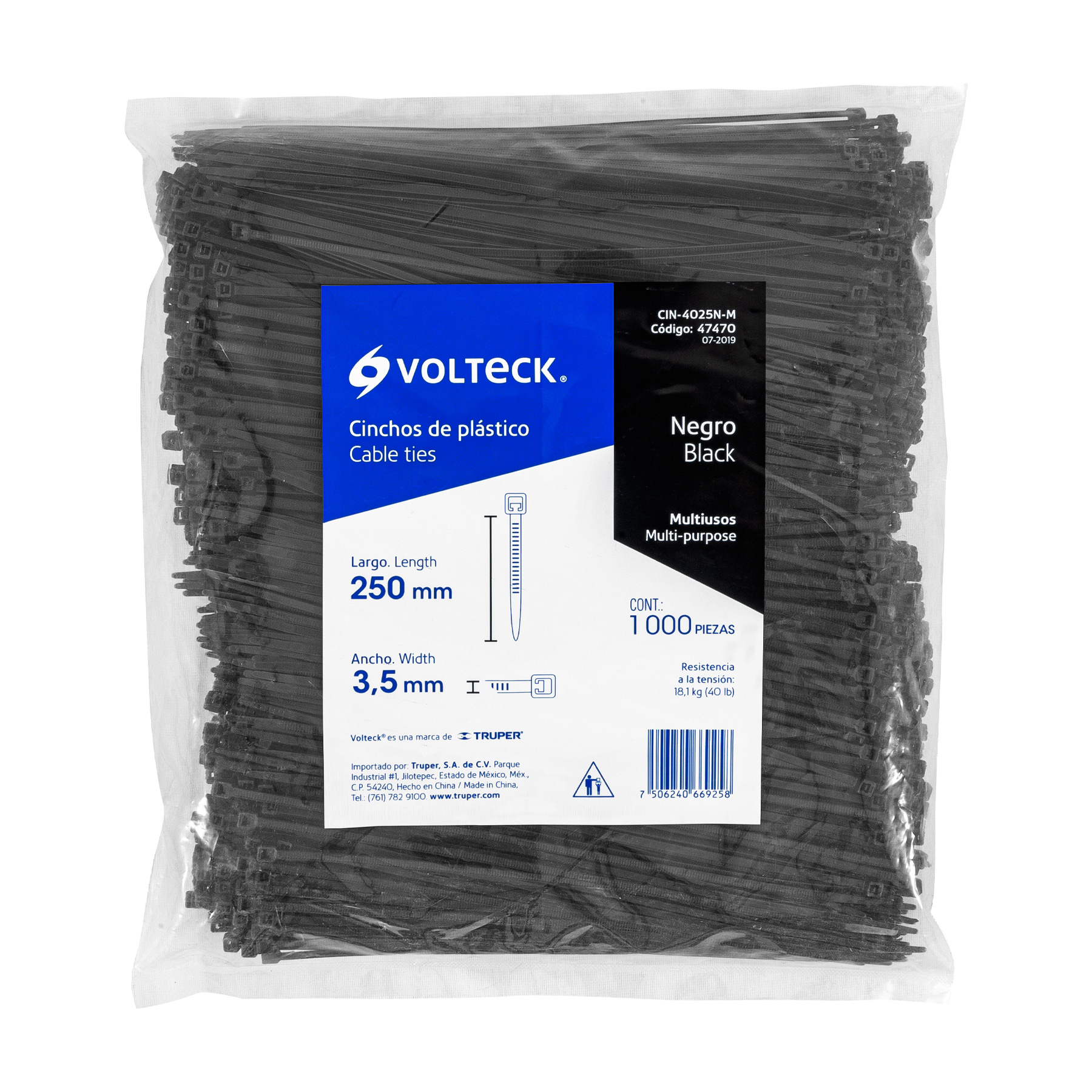 Bolsa con 1000 cinchos plásticos 40 lb, 250x3.5 mm, negros - CIN-4025N-M / 47470