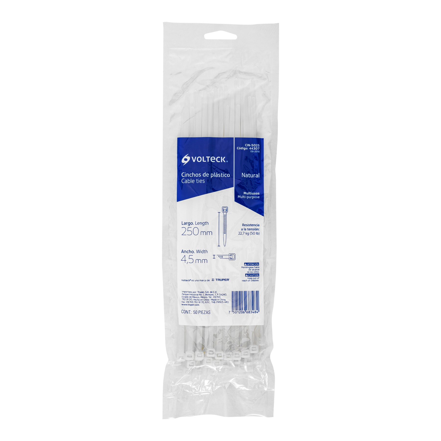 Bolsa con 50 cinchos plásticos 50 lb, 250x4.5 mm, naturales - CIN-5025 / 44307 Bolsa con 50 cinchos plásticos 50 lb, 250x4.5 mm, naturales - CIN-5025 / 44307