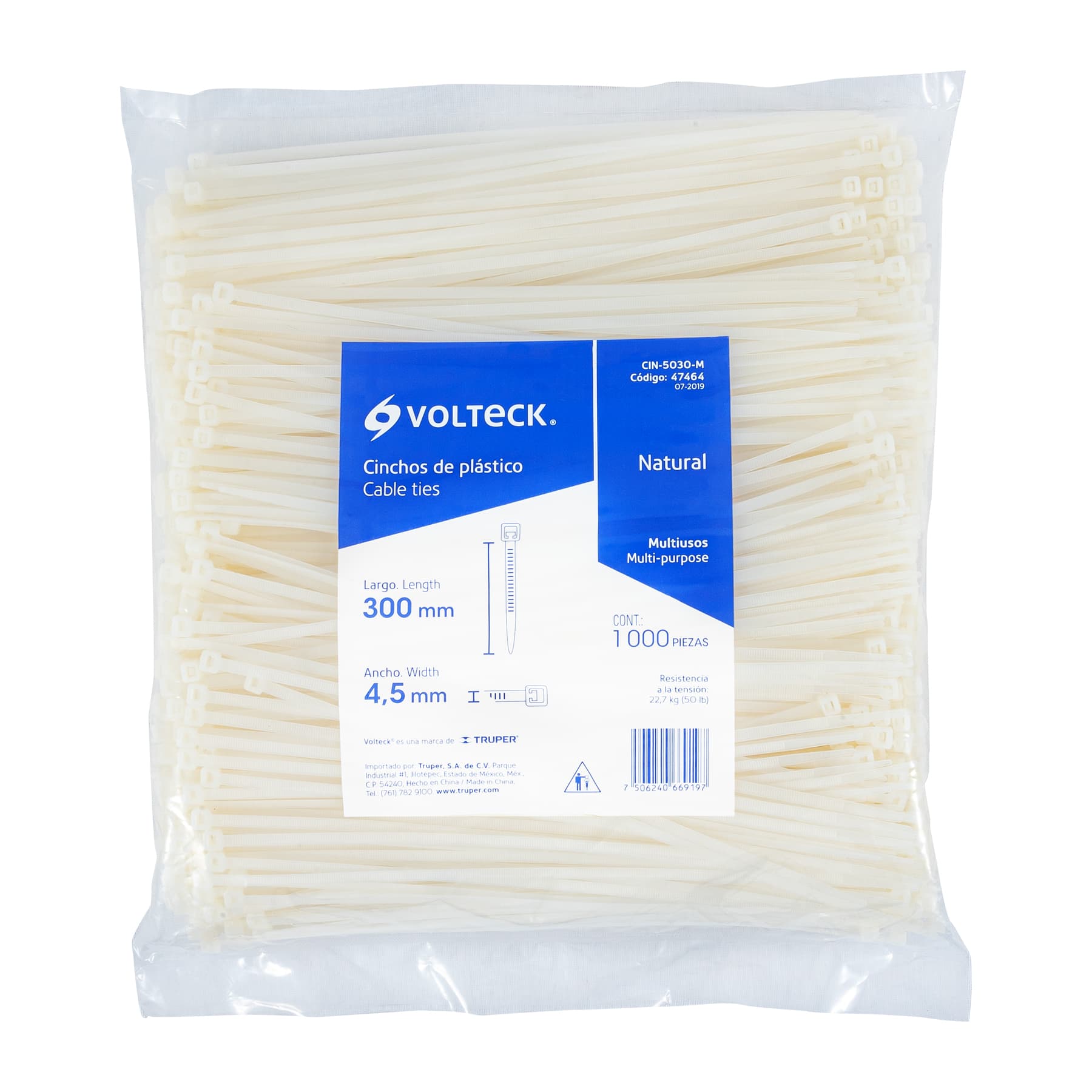 Bolsa con 1000 cinchos plásticos 50lb, 300x4.5 mm, naturales - CIN-5030-M / 47464 Bolsa con 1000 cinchos plásticos 50lb, 300x4.5 mm, naturales - CIN-5030-M / 47464