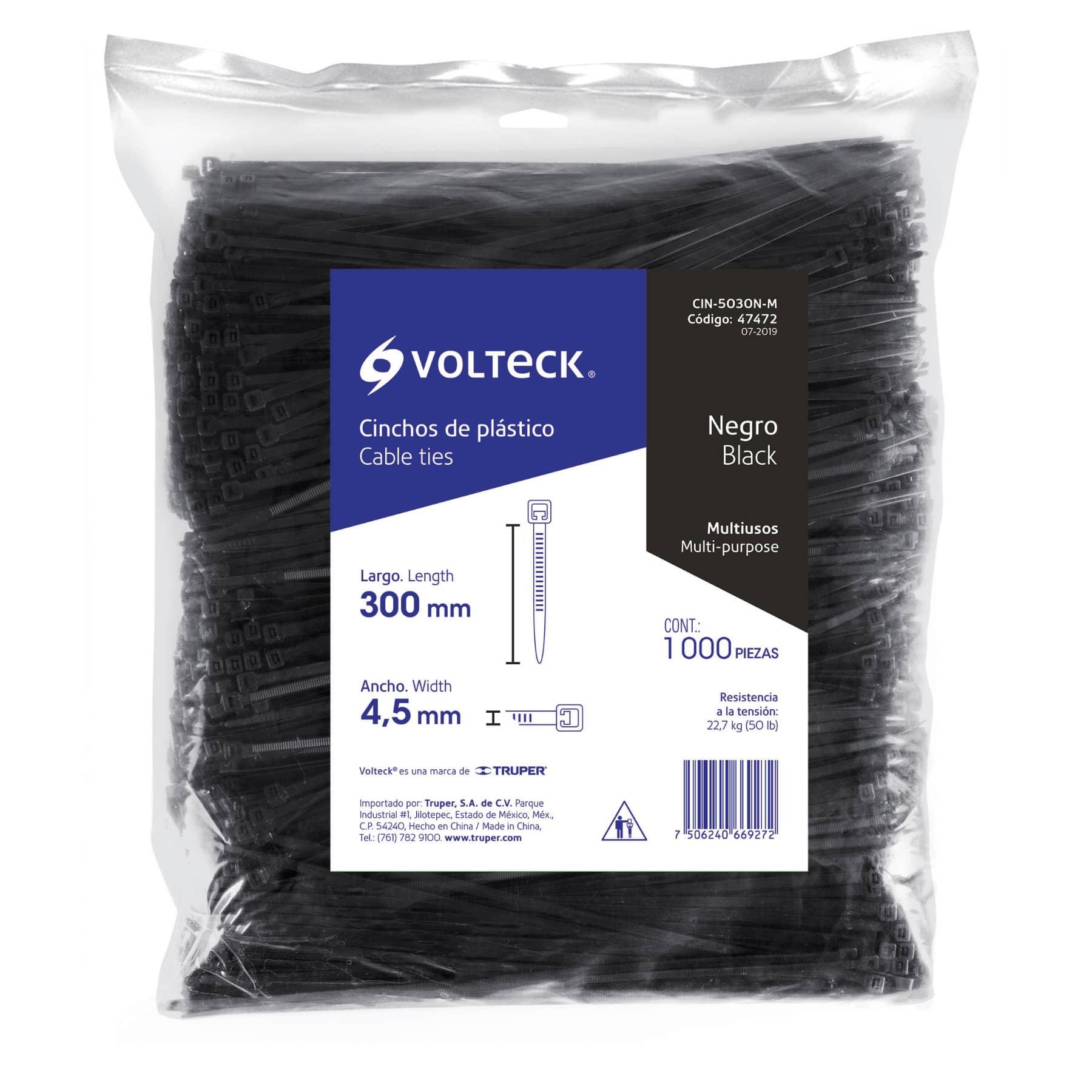 Bolsa con 1000 cinchos plásticos 50 lb, 300x4.5 mm, negros - CIN-5030N-M / 47472 Bolsa con 1000 cinchos plásticos 50 lb, 300x4.5 mm, negros - CIN-5030N-M / 47472