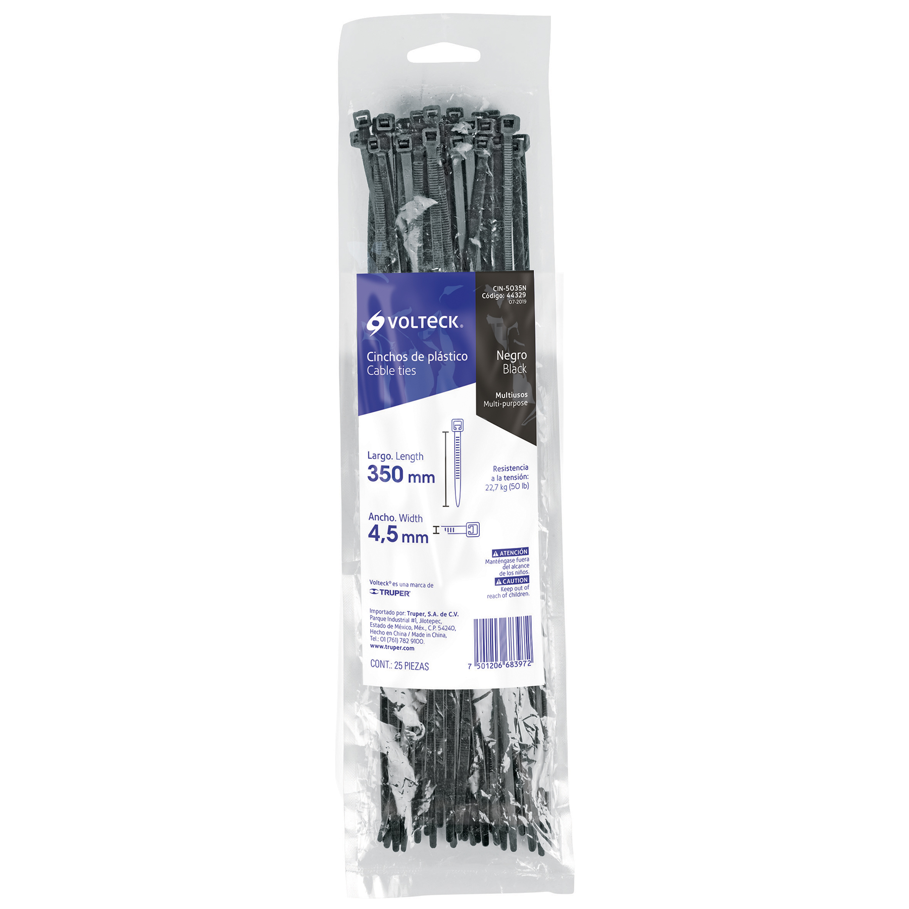 Bolsa con 25 cinchos plásticos 50 lb, 350x4.5 mm, negros - CIN-5035N / 44329 Bolsa con 25 cinchos plásticos 50 lb, 350x4.5 mm, negros - CIN-5035N / 44329