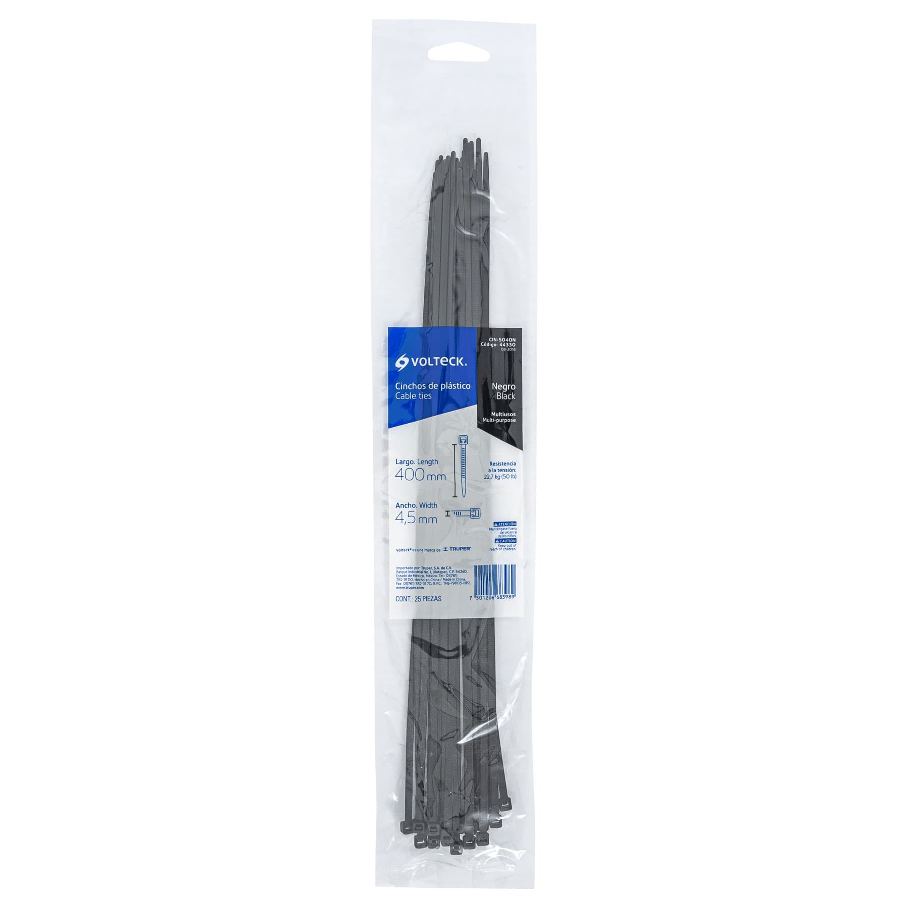 Bolsa con 25 cinchos plásticos 50 lb, 400x4.5 mm, negros - CIN-5040N / 44330 Bolsa con 25 cinchos plásticos 50 lb, 400x4.5 mm, negros - CIN-5040N / 44330