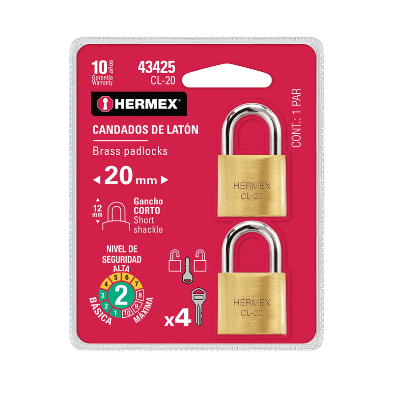 Blíster con 2 candados de latón de 20mm con gancho corto - CL-20 / 43425 Blíster con 2 candados de latón de 20mm con gancho corto - CL-20 / 43425