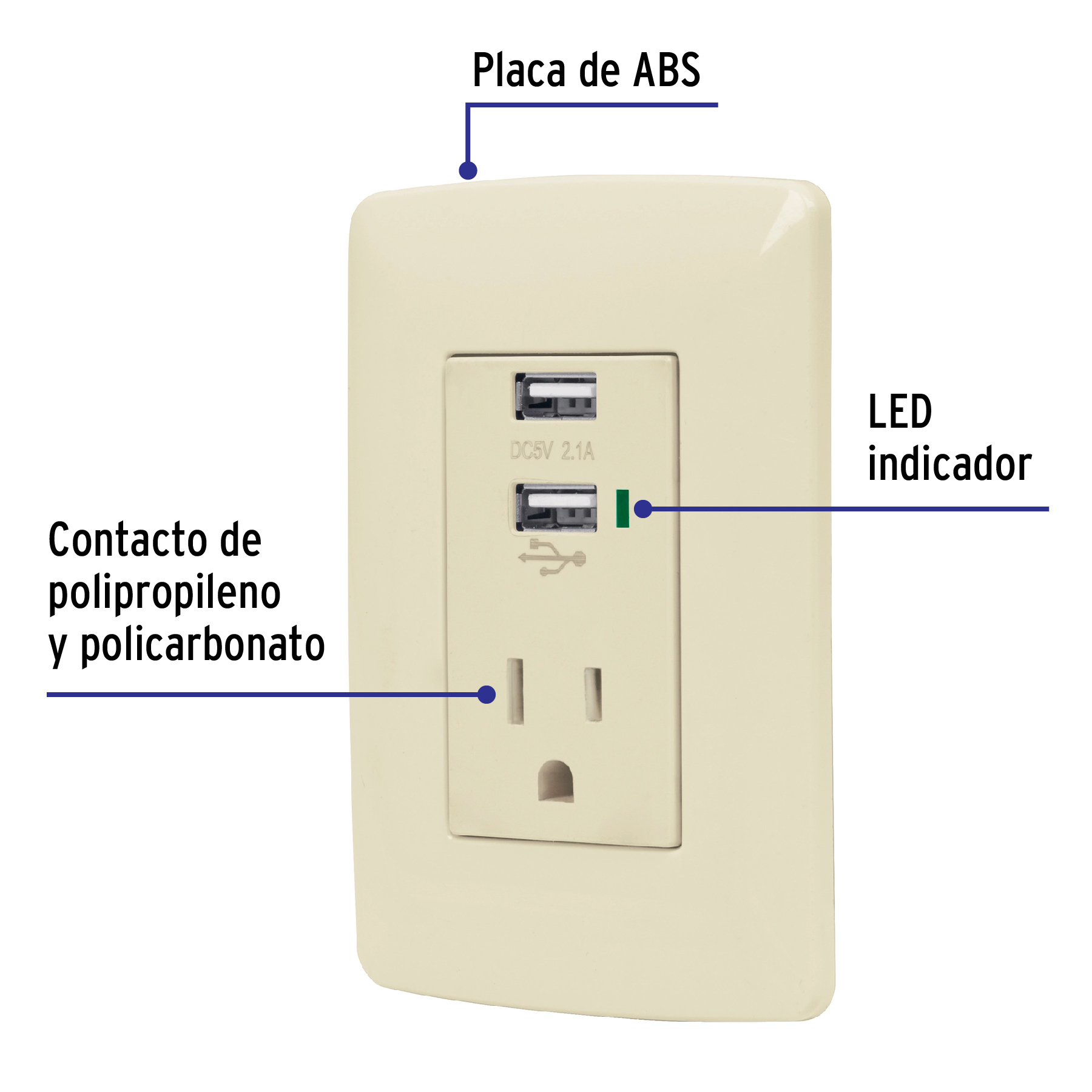 Contacto aterrizado + 2 puertos USB, marfil, línea Italiana - COUSB-I / 48064