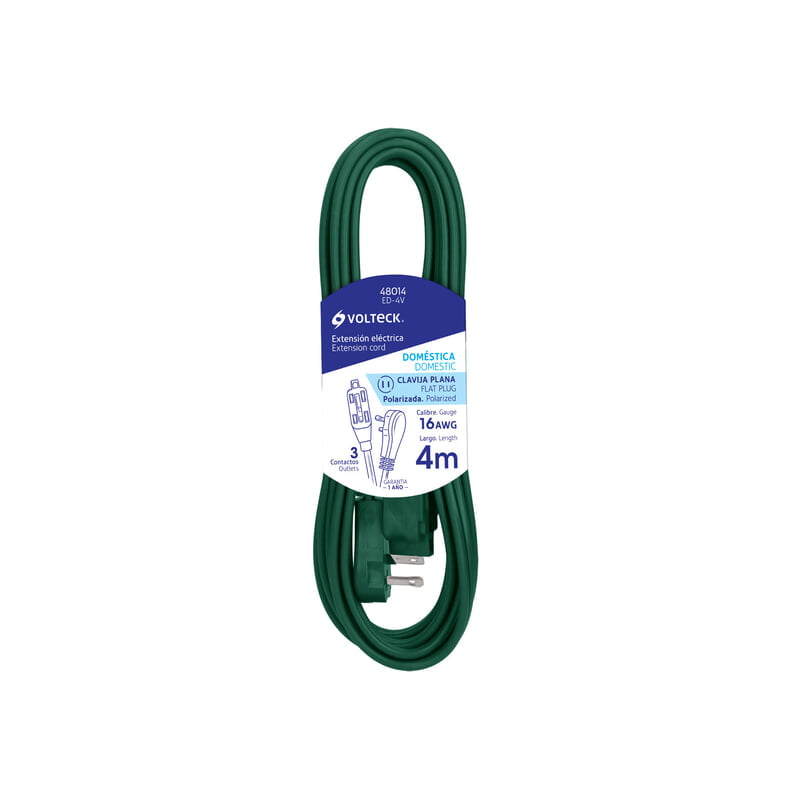 Extensión eléctrica doméstica con clavija plana, 4m, verde - ED-4V / 48014 Extensión eléctrica doméstica con clavija plana, 4m, verde - ED-4V / 48014