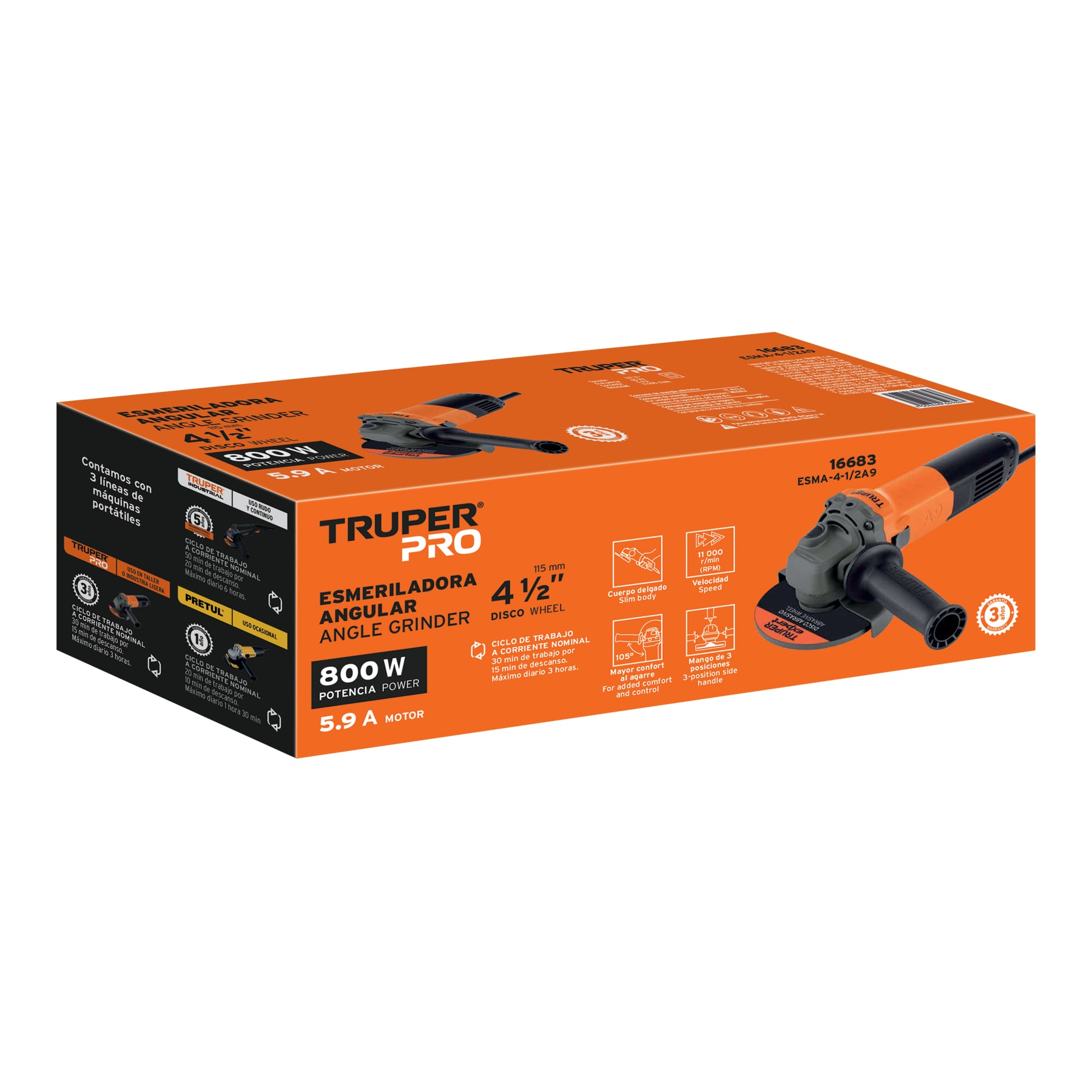 ESMA-4-1/2A9 Esmeriladora angular 4-1/2', profesional, 800 W Truper