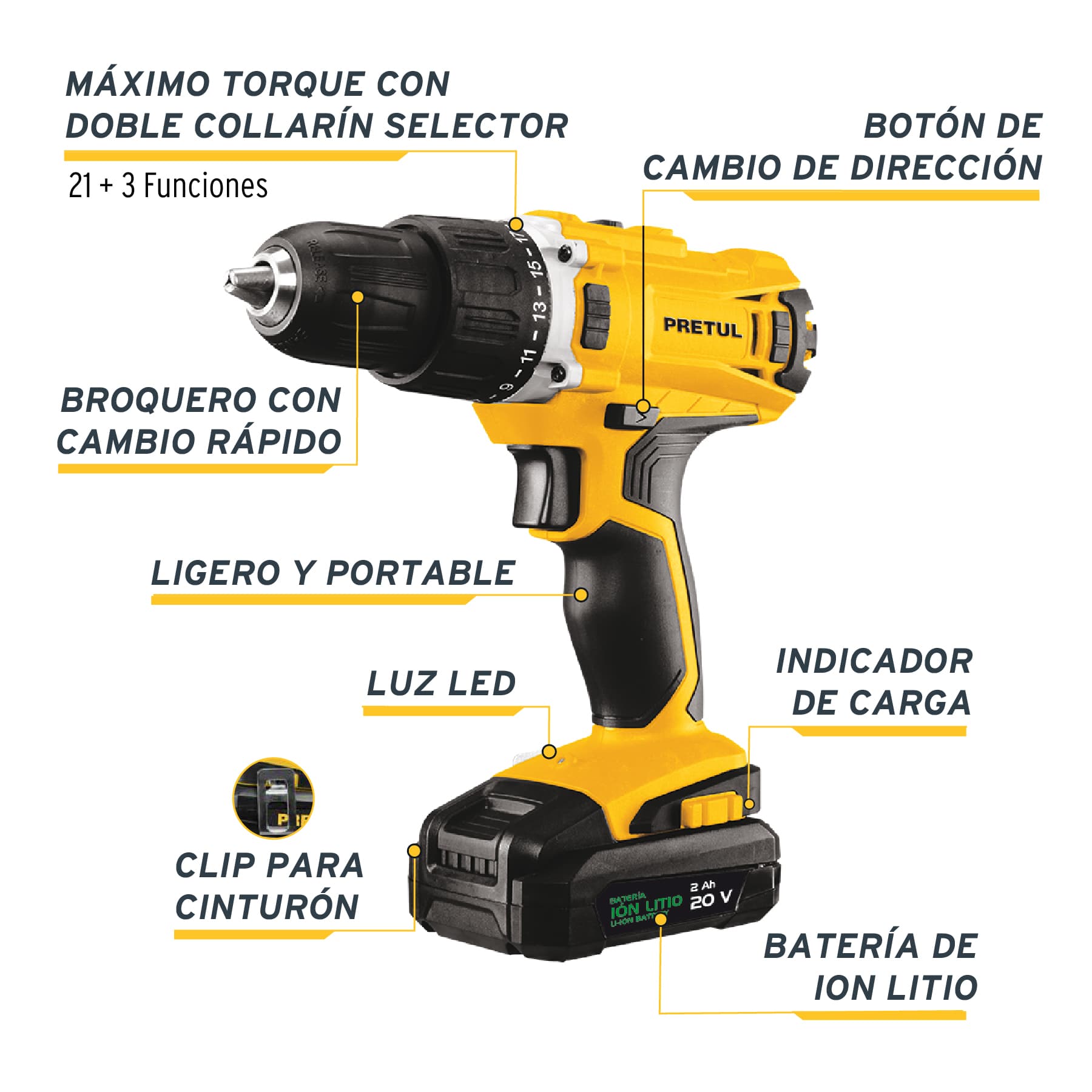 Rotomartillo 1/2', 20V, 1 batería 2Ah, PRETUL, 26117 - ROTI-20P2