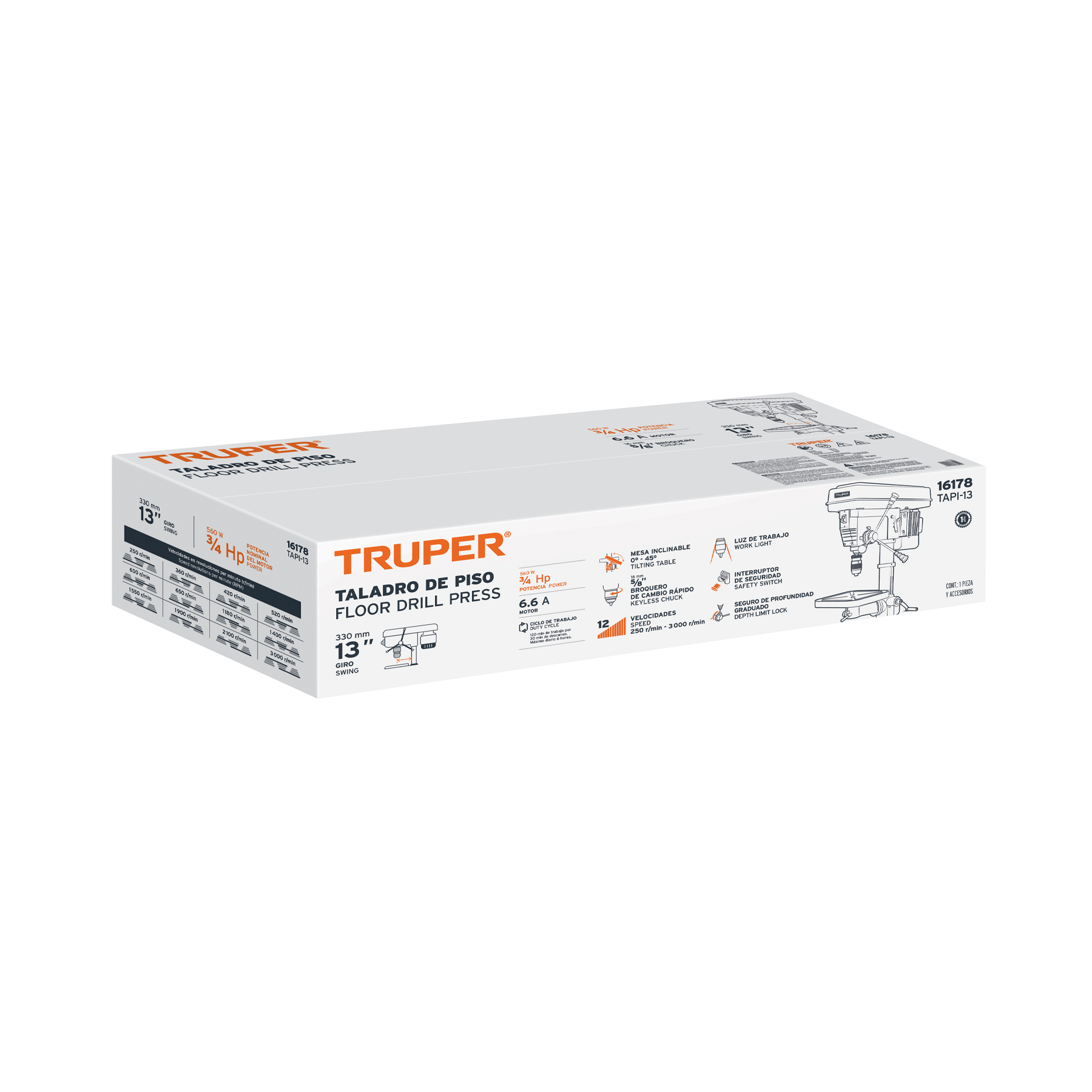 Taladro de piso 13", 3/4 HP (560 W), broquero 5/8", Truper TAPI-13 / 16178 Taladro de piso 13", 3/4 HP (560 W), broquero 5/8", Truper TAPI-13 / 16178