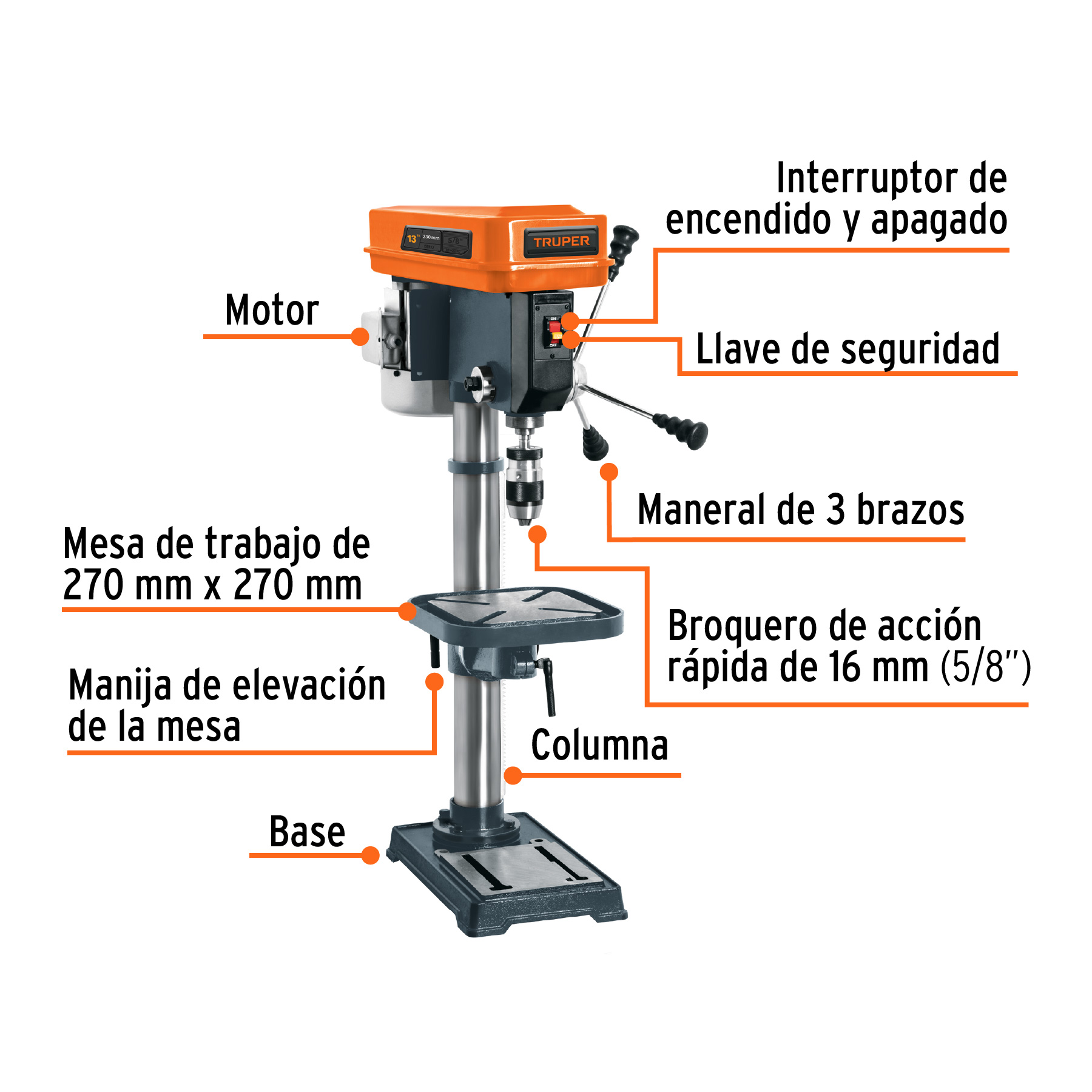 Taladro de piso 13", 3/4 HP (560 W), broquero 5/8", Truper TAPI-13 / 16178 Taladro de piso 13", 3/4 HP (560 W), broquero 5/8", Truper TAPI-13 / 16178