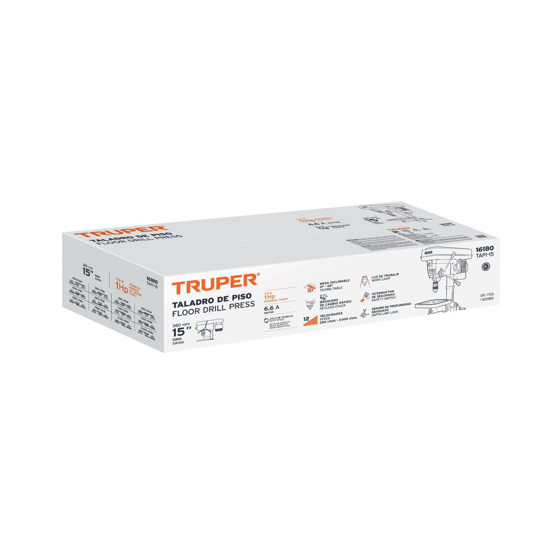 Taladro de piso 15", 1 HP (750 W), broquero 5/8", Truper TAPI-15 / 16180