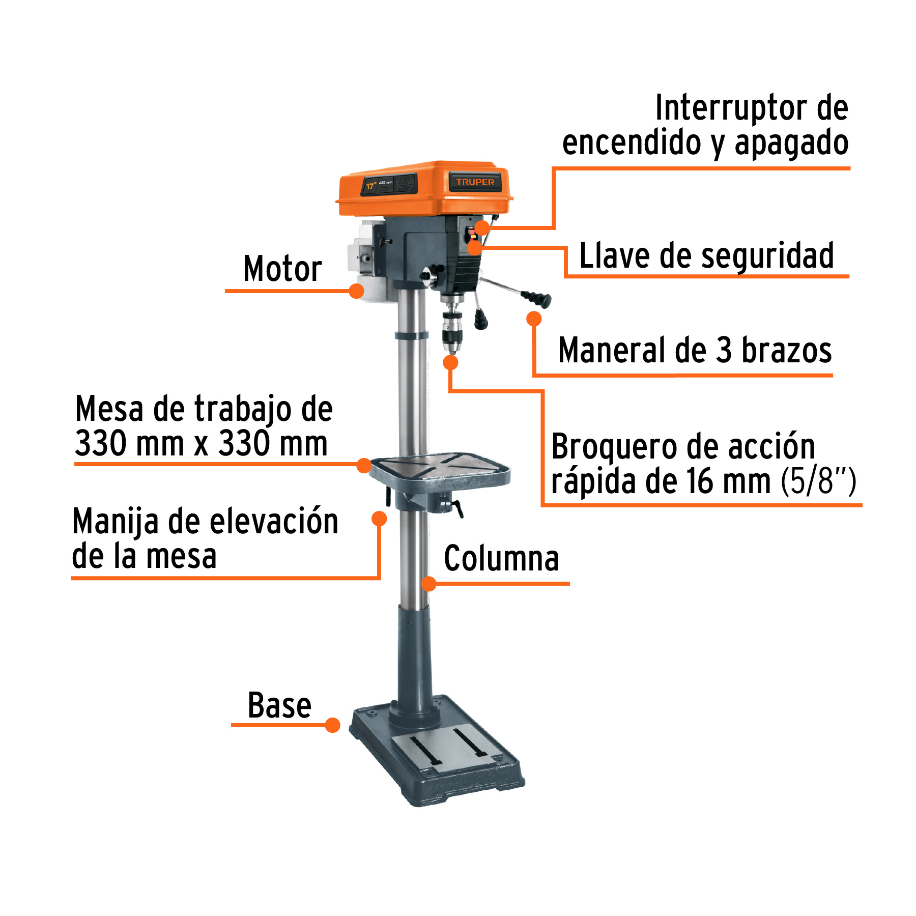 Taladro de piso 17", 1-1/2 HP (1200 W), broquero 5/8",Truper TAPI-17 / 16182