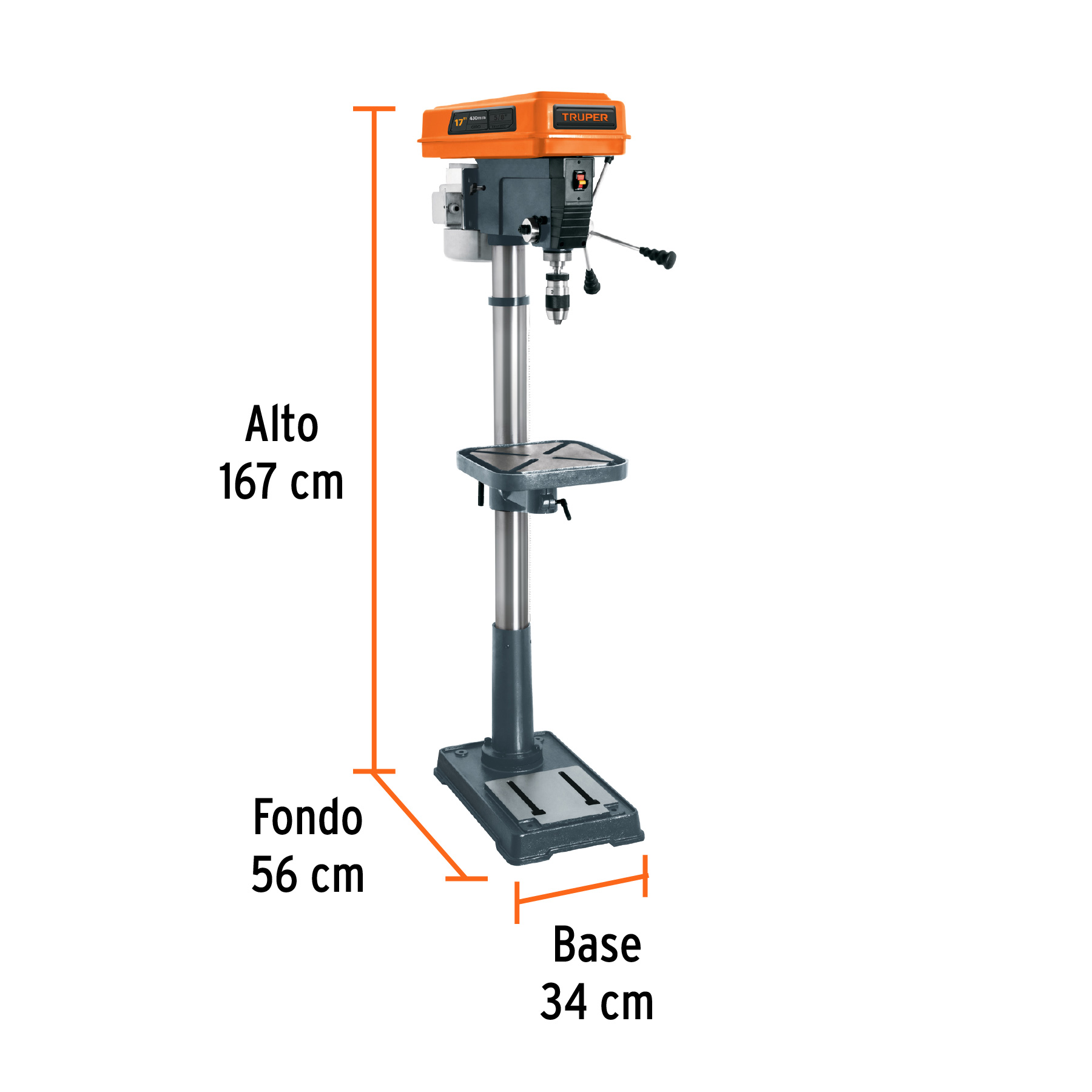 Taladro de piso 17", 1-1/2 HP (1200 W), broquero 5/8",Truper TAPI-17 / 16182