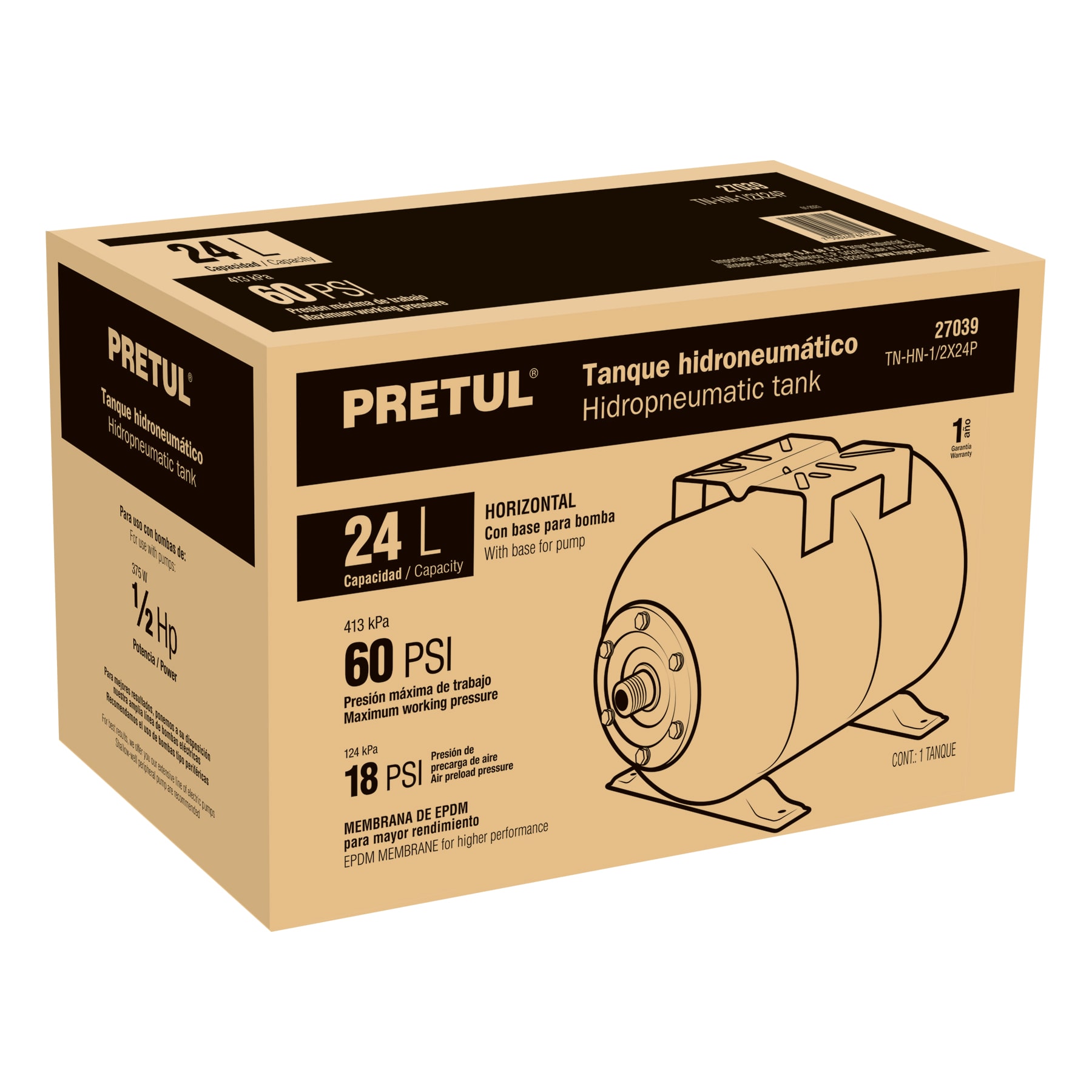 Tanque para bombas hidroneumáticas HIDR-1/2X24P, Pretul - TAN-HIDR-1/2X24P / 27039 Tanque para bombas hidroneumáticas HIDR-1/2X24P, Pretul - TAN-HIDR-1/2X24P / 27039