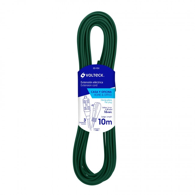 Extensión eléctrica doméstica con clavija plana, 10m, verde - ED-10V / 48038 Extensión eléctrica doméstica con clavija plana, 10m, verde - ED-10V / 48038