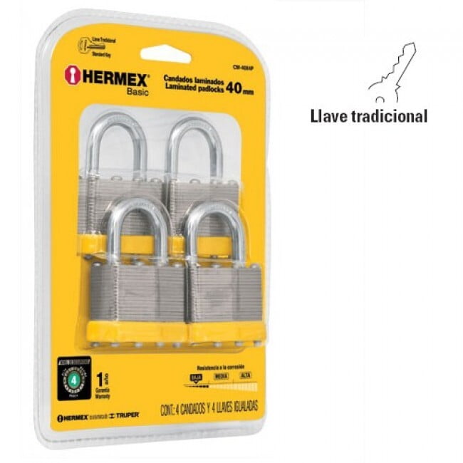 Juego de 4 candados cuerpo laminado, 50 mm, Hermex Basic - CM-50X4P / 20508 Juego de 4 candados cuerpo laminado, 50 mm, Hermex Basic - CM-50X4P / 20508
