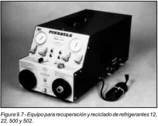 Equipo de recuperación y reciclado de refrigerantes, modelo "Pinnacle", con panel frontal que incluye dos manómetros, varias perillas de control y conexiones para mangueras. Diseñado para trabajar con refrigerantes R-12, R-22, R-500 y R-502. La unidad es de color oscuro con un panel frontal claro y cuenta con un cable de alimentación