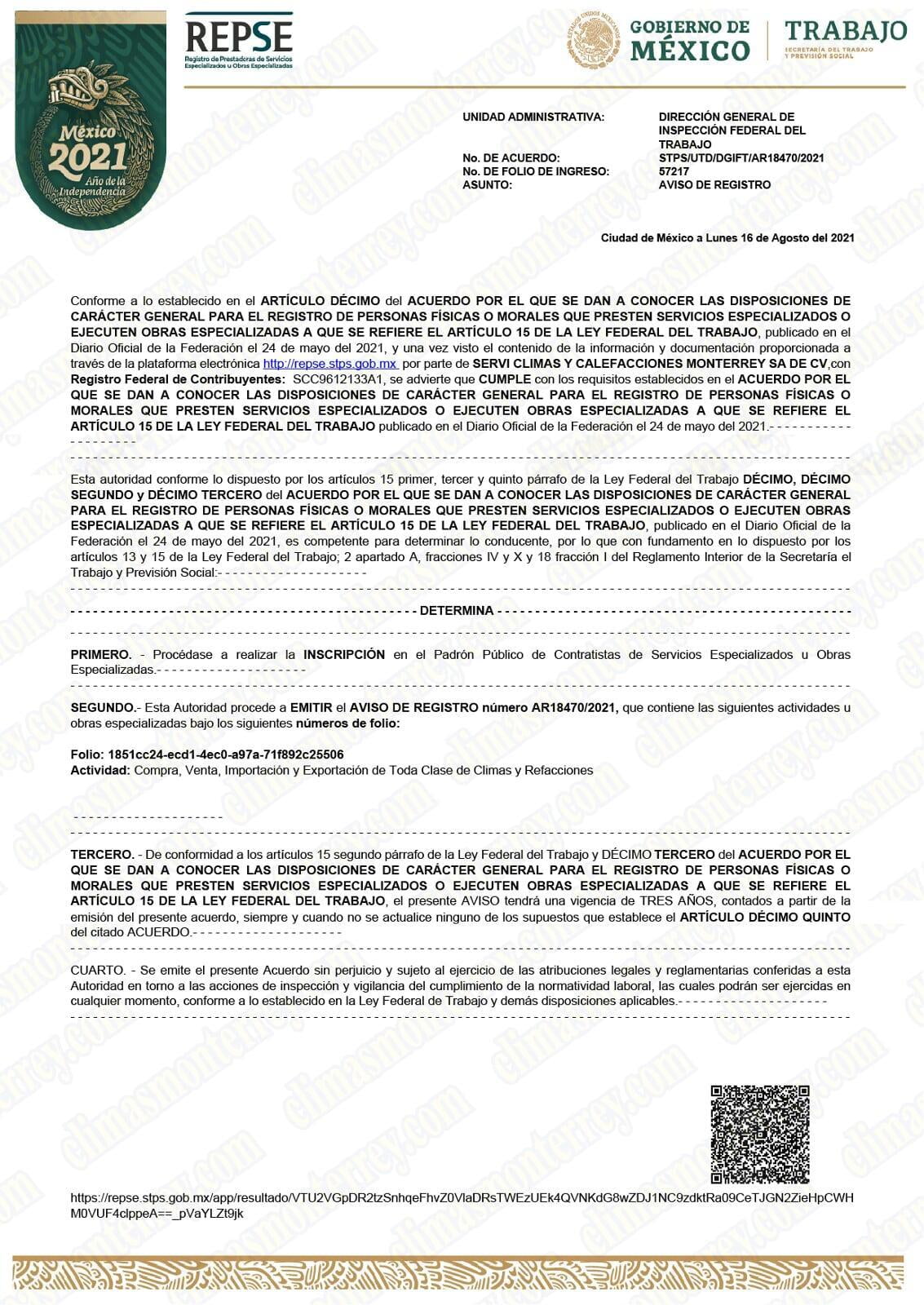 (Registro de Proveedores de Servicios Especializados u Obras Especializadas). El documento contiene información oficial que valida a una empresa como proveedor registrado ante la Secretaría del Trabajo y Previsión Social (STPS) para realizar servicios u obras especializadas en cumplimiento con la legislación mexicana