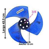 Aspa Condensador para Minisplit Mirage 1.5 Ton Largo 42.3cm Ancho Aro 13cm Flecha 5/16 CCW izquierda 3 Hojas - 12100105000026 Aspa Condensador para Minisplit Mirage 1.5 Ton Largo 42.3cm Ancho Aro 13cm Flecha 5/16 CCW izquierda 3 Hojas - 12100105000026