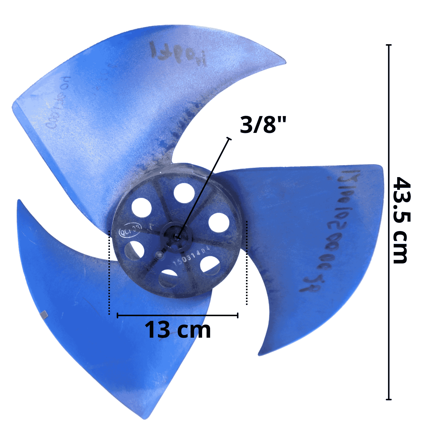 Aspa Condensador para Minisplit Mirage 1.5 Ton Largo 43.5cm Ancho 13cm Flecha 3/8 CCW izquierda 3 Hojas - 12100105000026