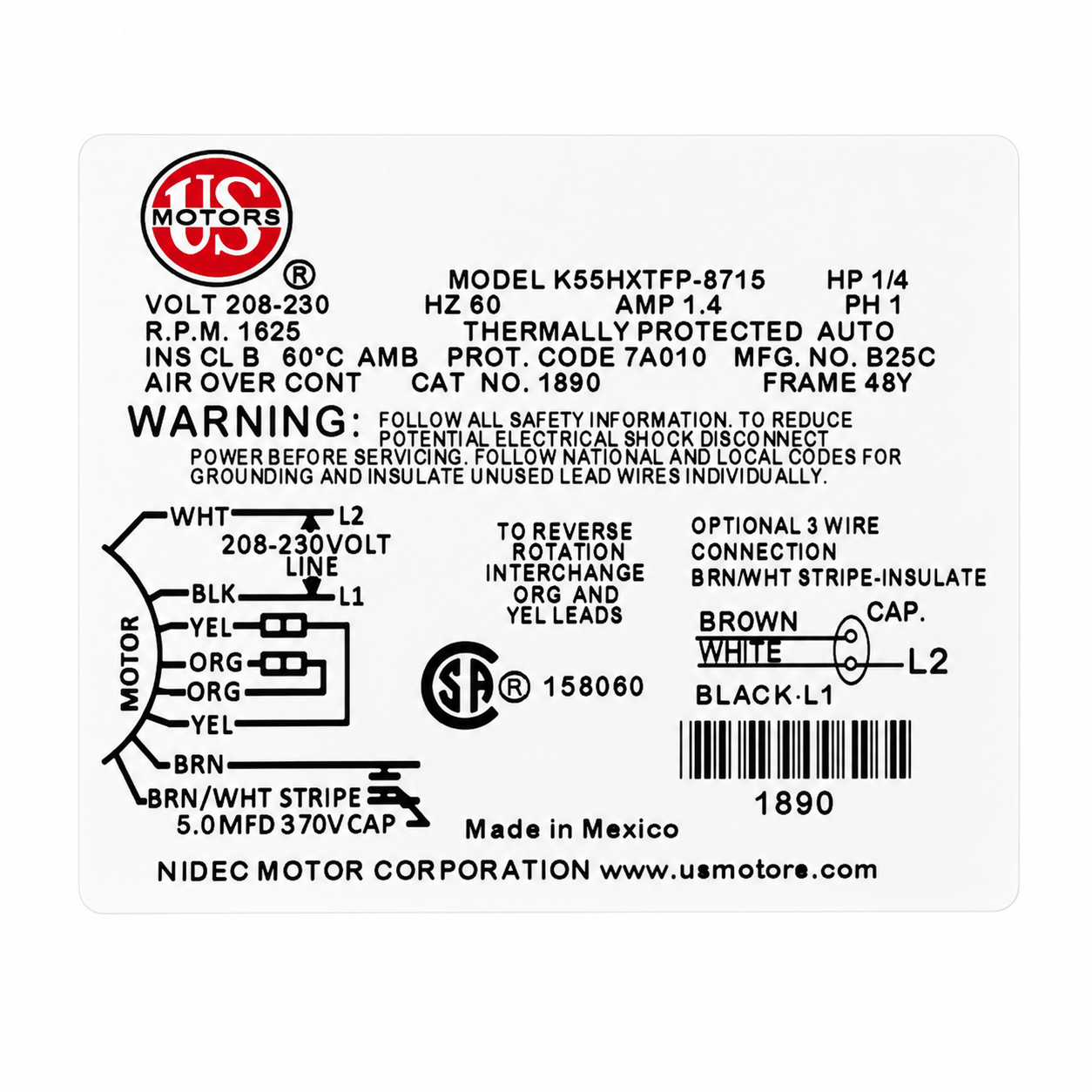 Motor Condensador Cerrado 1/4 Hp 1625 Rpm 1Velocidad Flecha 1/2 208-230V 4 Polos Reversible Chumaceras Emerson - 1890