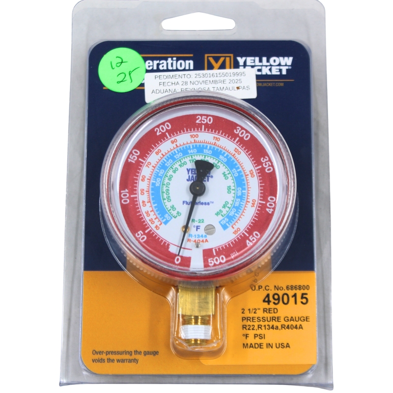 Manómetro 2 1/2" Alta para °F 0-500Psi R22/134A/404A, Yellow Jacket, Rojo - 49015 Manómetro 2 1/2" Alta para °F 0-500Psi R22/134A/404A, Yellow Jacket, Rojo - 49015