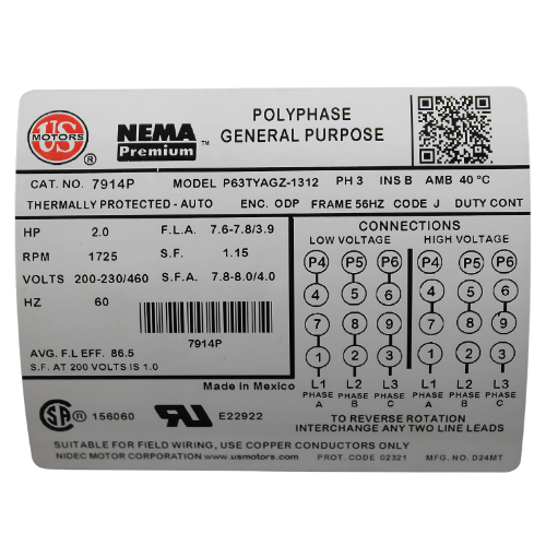 Motor AC, 7914P, 2 HP, 1800 RPM, Three Phase, 200-230/460 V, 60 Hz, 56HZ, Motor US - 7914P