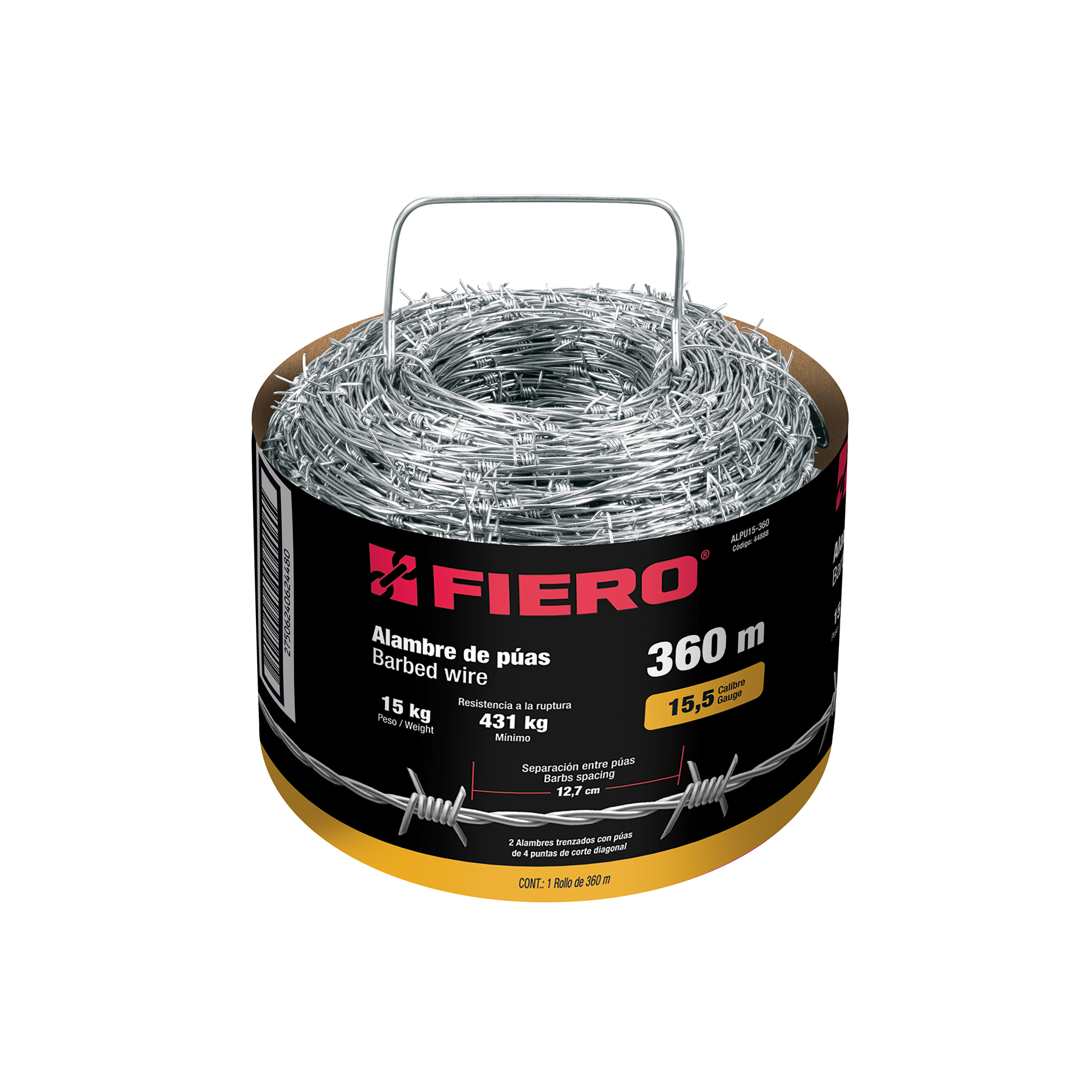 Rollo de alambre de púas 360m calibre 15.5, FIERO - 44888 - ALPU15-360 - Caja con 1 Rollo – Master 0