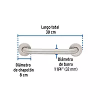 Barra recta de seguridad, acero inox, 1-1/4" x 30cm, FOSET - BARS-30 / 46882