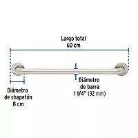 Barra recta de seguridad, acero inox, 1-1/4" x 60cm, FOSET - BARS-60 / 46885