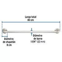 Barra recta de seguridad, acero inox, 1-1/4" x 80cm, FOSET - BARS-80 / 46886