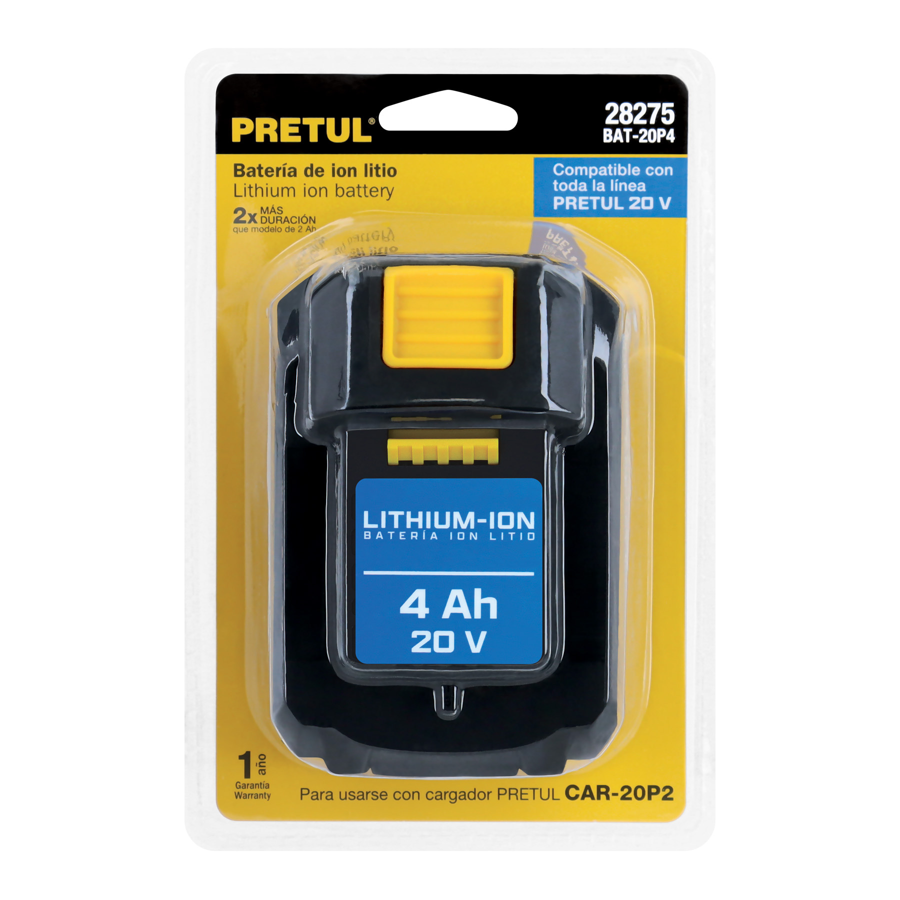 Batería ion litio, 20V, 4 Ah, PRETUL, 28275 - BAT-20P4