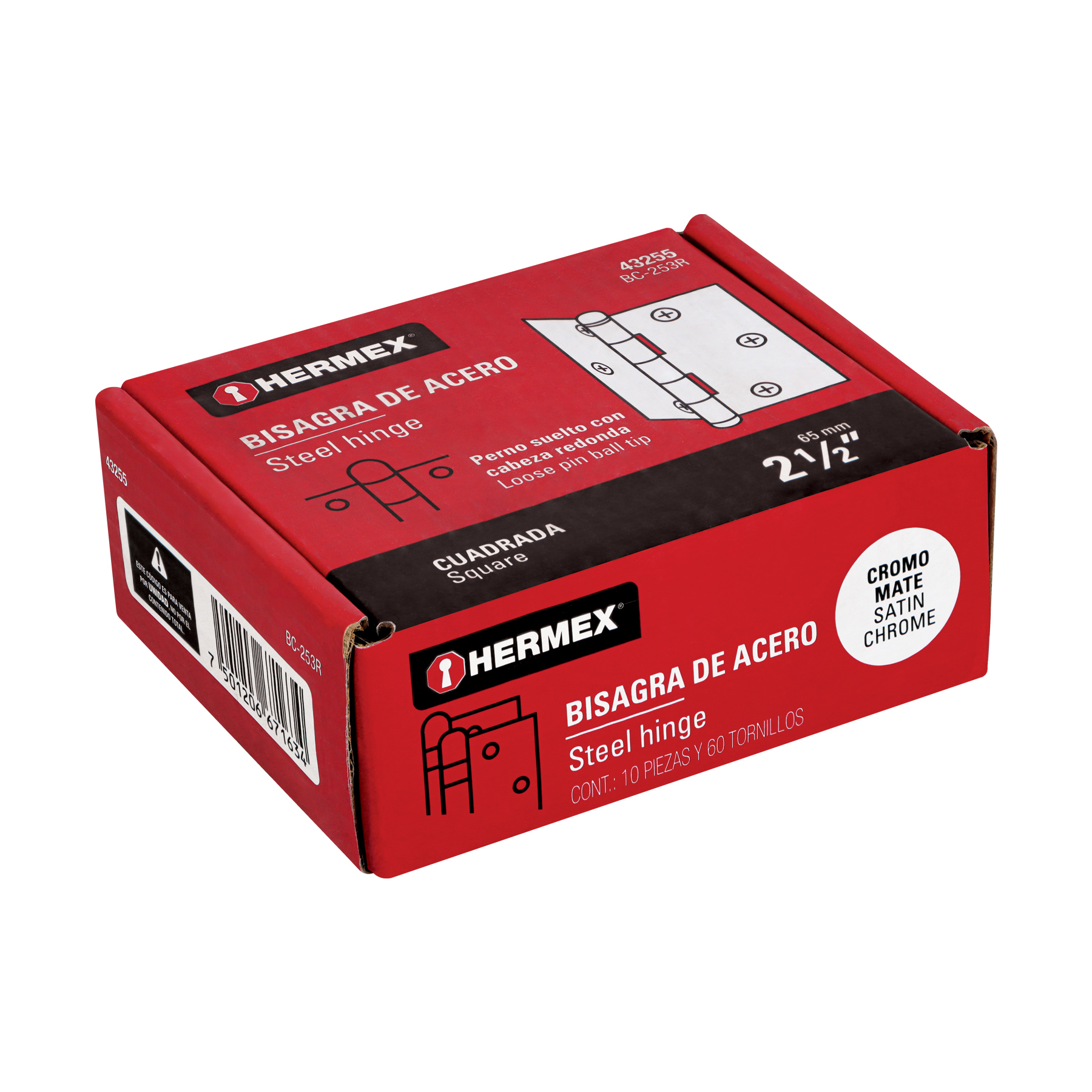 Bisagra cuadrada 2-1/2', acero cromo mate, redonda - BC-253R / 43255