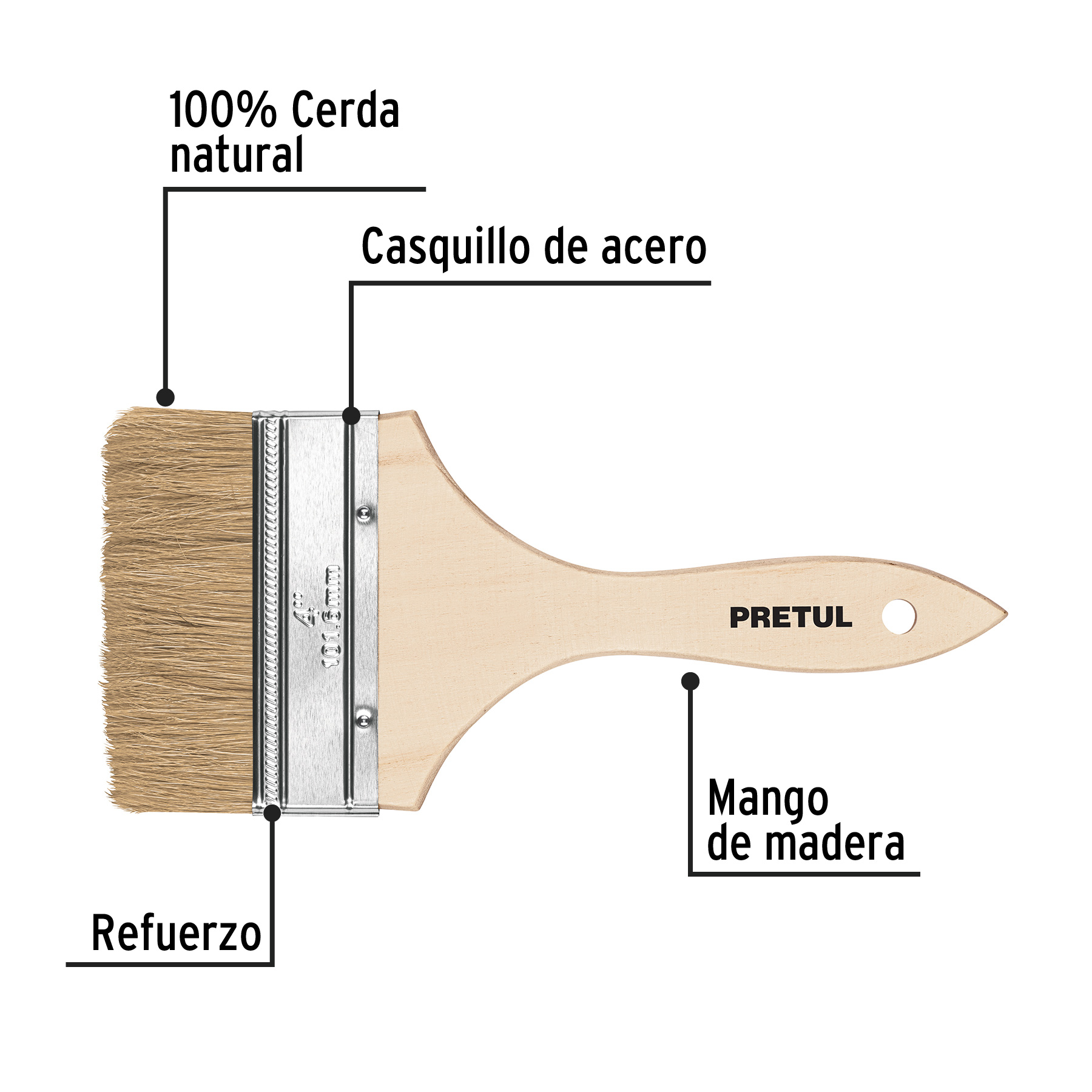 Brocha uso general, mango de madera, 4', Pretul - BRE-4 / 24476