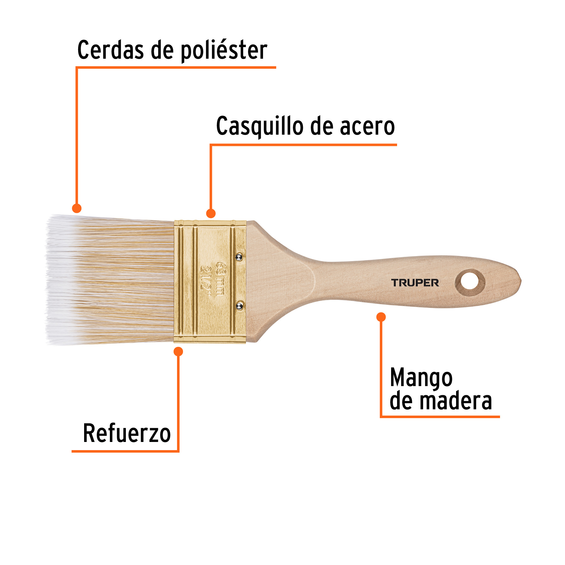 Brocha cerdas sintéticas,mango de madera, corte recto, 2-1/2 - BRT-2-1/2S / 13345