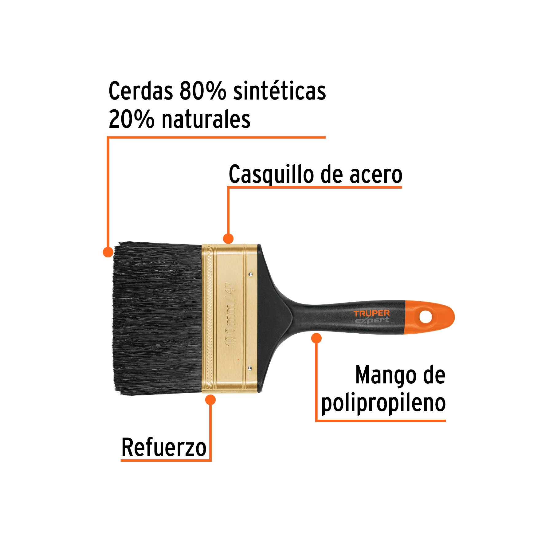 Brocha profesional, mango de plástico, 4', Truper Expert - BRT-4X / 17865