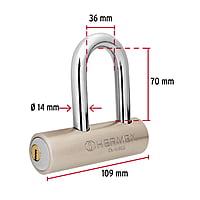 Candado de acero, 109mm, gancho largo, llave de puntos - CA-109LQ / 43366