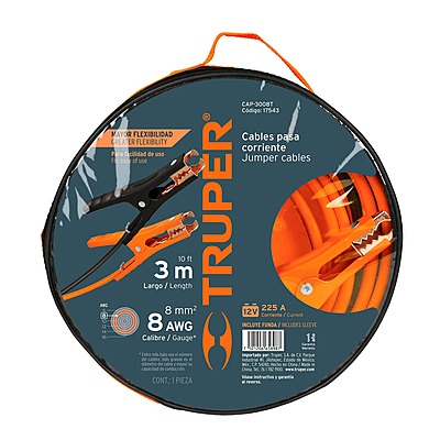 Cables pasa corriente 3 m, 225 A, 8 AWG, con funda, Truper - 17543 - CAP-3008T - Caja con 2 Pieza – Master 10
